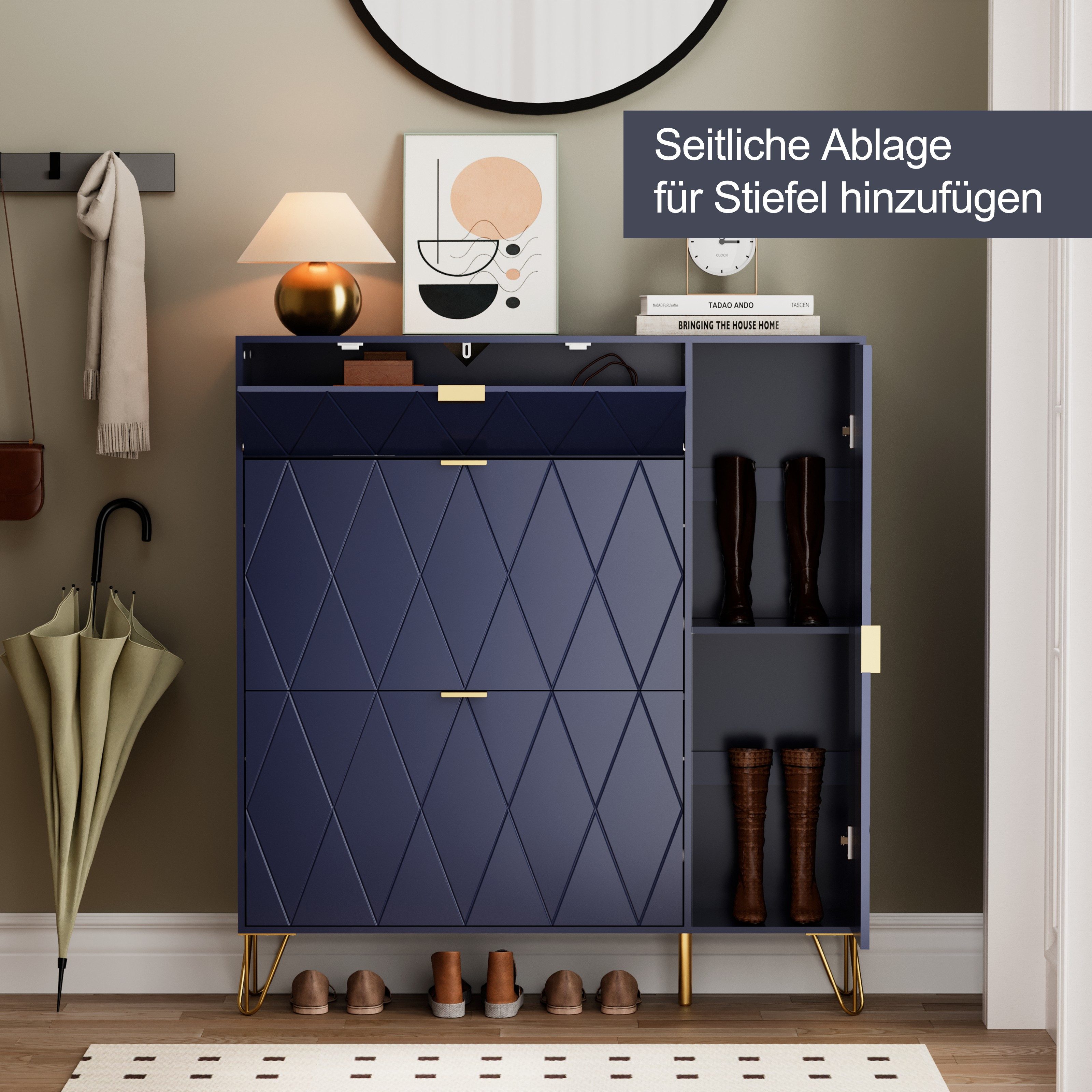 UEV Schuhschrank mit 4 Klappen schmal Schuhkipper Schuhregal (105x24x120cm) verstellbare und herausnehmbare Trennwände für verschiedene Schuhtypen