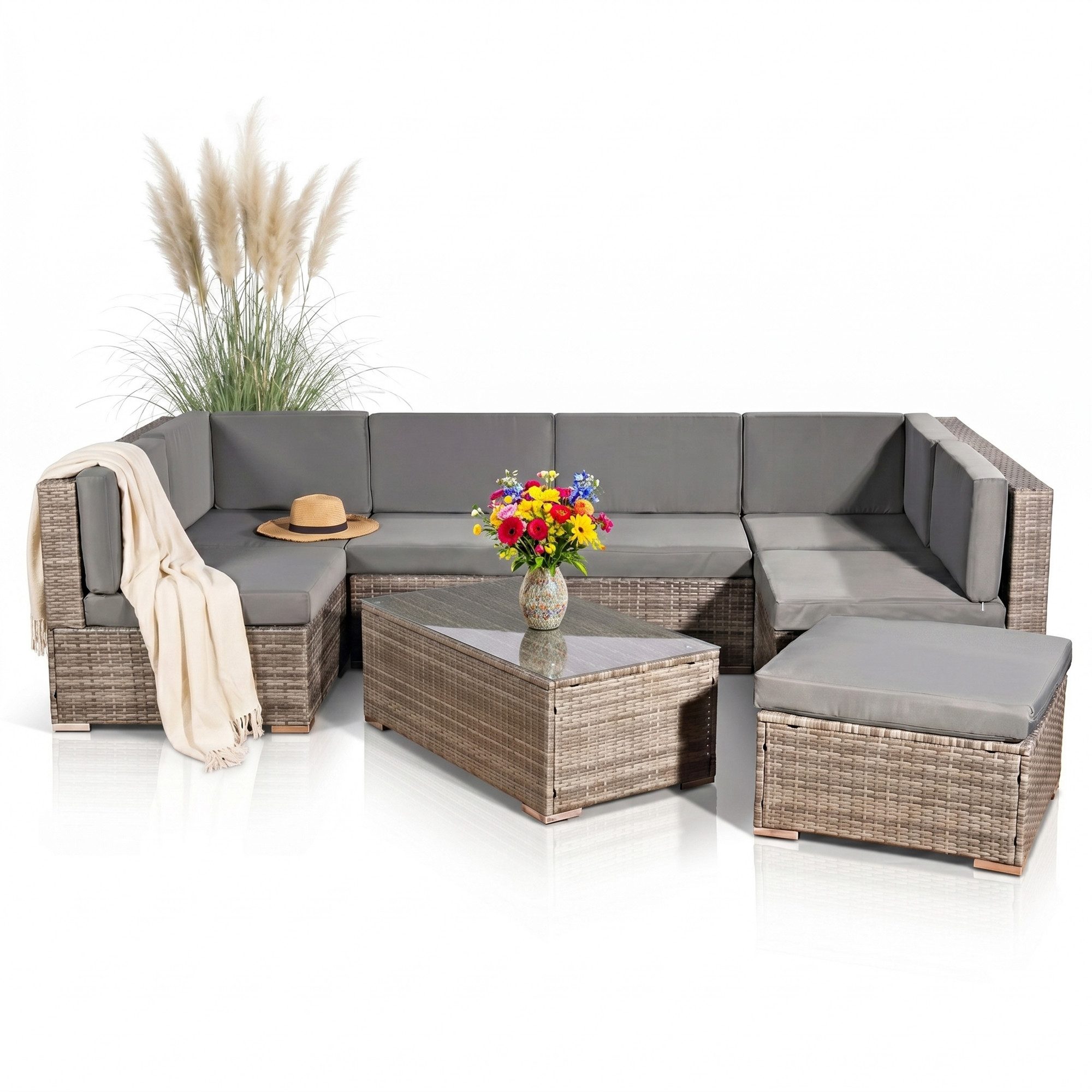 Mucola Gartenlounge-Set Lounge Gartenmöbel Set Sitzgruppe Polyrattan Gartenlounge Gartenmöbel, (Set, 1x Mehrteiliger Sofa 1x Ottomane 1x Tisch), Kissen inkl. Reißverschluss, daher abnehm- und waschbar