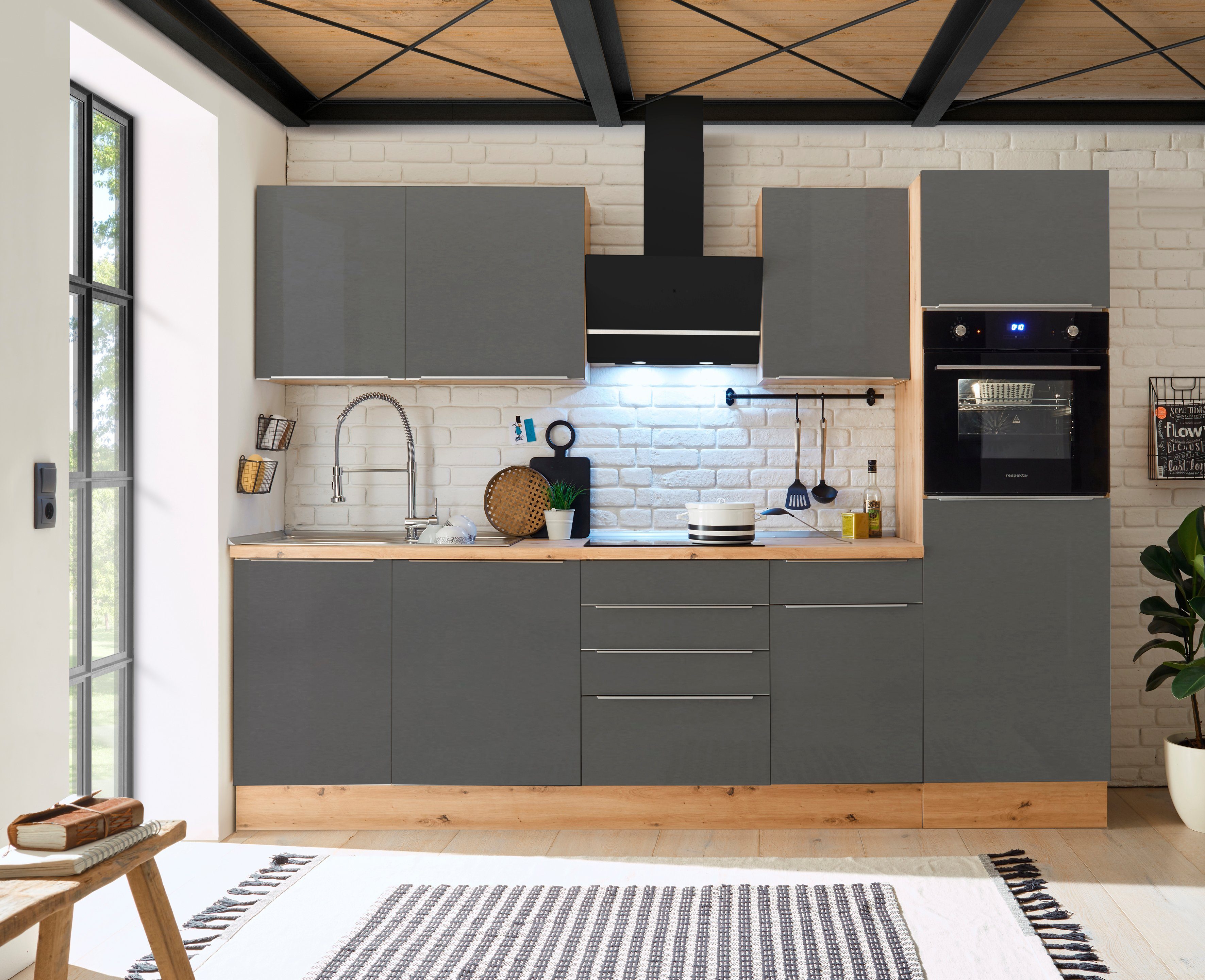 RESPEKTA Küchenzeile Safado aus der Serie Marleen, hochwertige Ausstattung wie Soft Close Funktion, Breite 280 cm grau/artisaneiche | artisaneiche