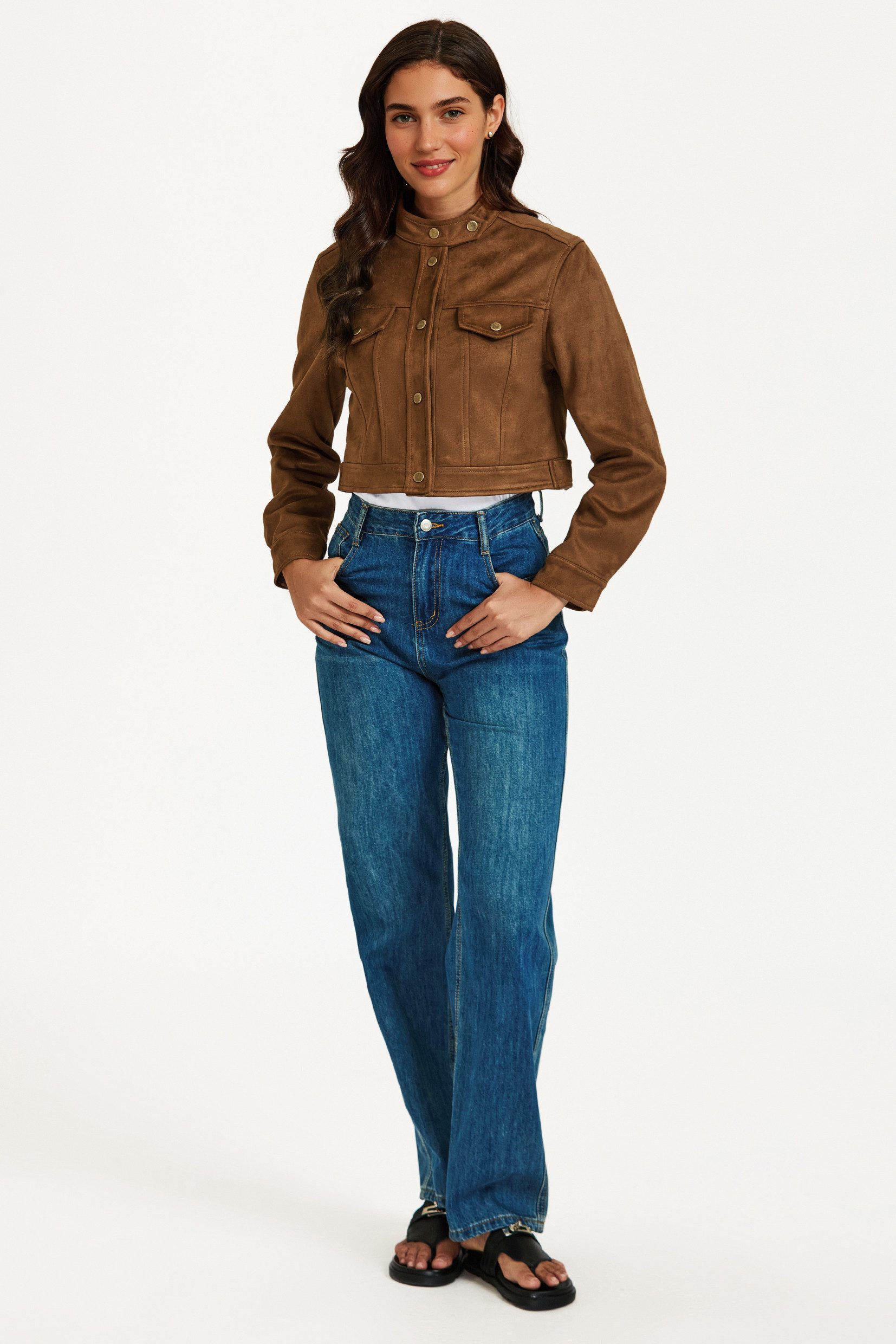 FS Collection Lederimitatjacke Damen Kunstlederjacke in Camel -Cropped Kurzjacke aus Lederimitatjacke (Größen: S, M, L, XL) 96,3 % Polyester, 3,7 % Elasthan