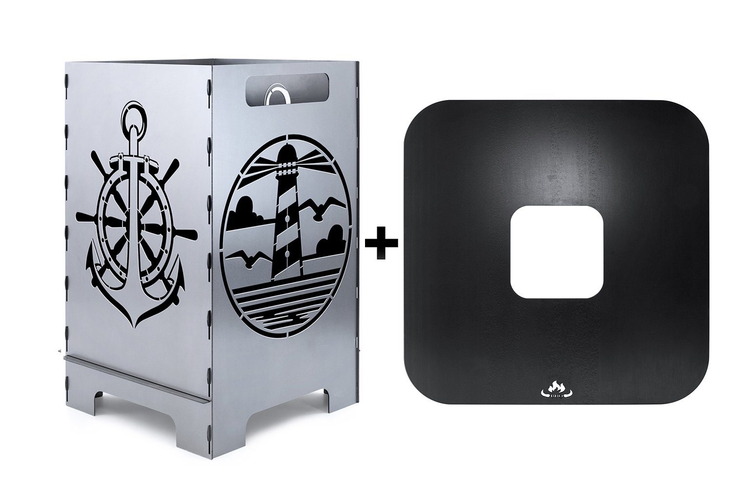 teileplus24 Feuerkorb FT06 Feuertonne + Feuerplatte Komplettset Feuerkorb + Grillplatte