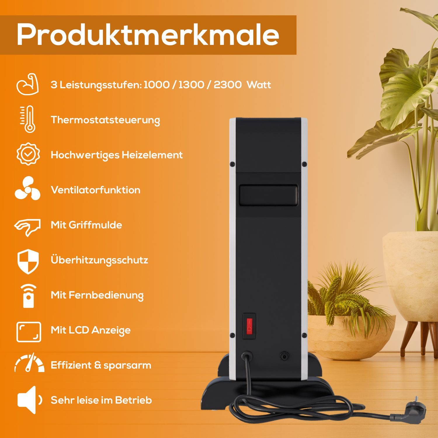 TroniTechnik Konvektor Elektroheizer KH102 Konvektor Heizgerät Heizkörper, 3 Stufen 2300 Watt, mit Griffmulde, Timer und Thermostatsteuerung, Überhitzungsschutz – Bild 4 von 5