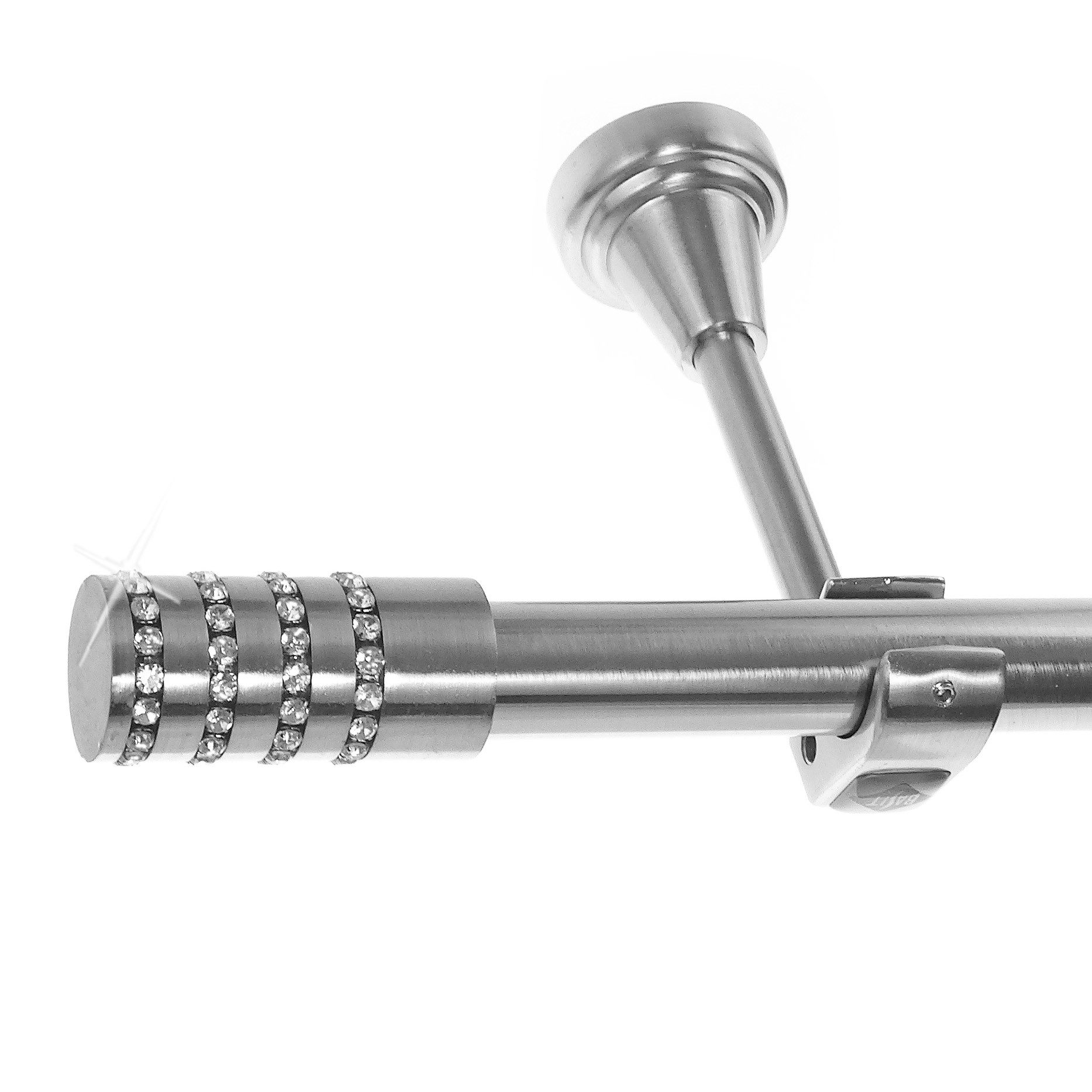 BASIT Gardinenstange Edelstahloptik 20mm mit Wandträgern 120 cm E39, Ø 20 mm, 1-läufig, verschraubt, Metall, H50R 120 cm E39 Zylinder mit Kristall