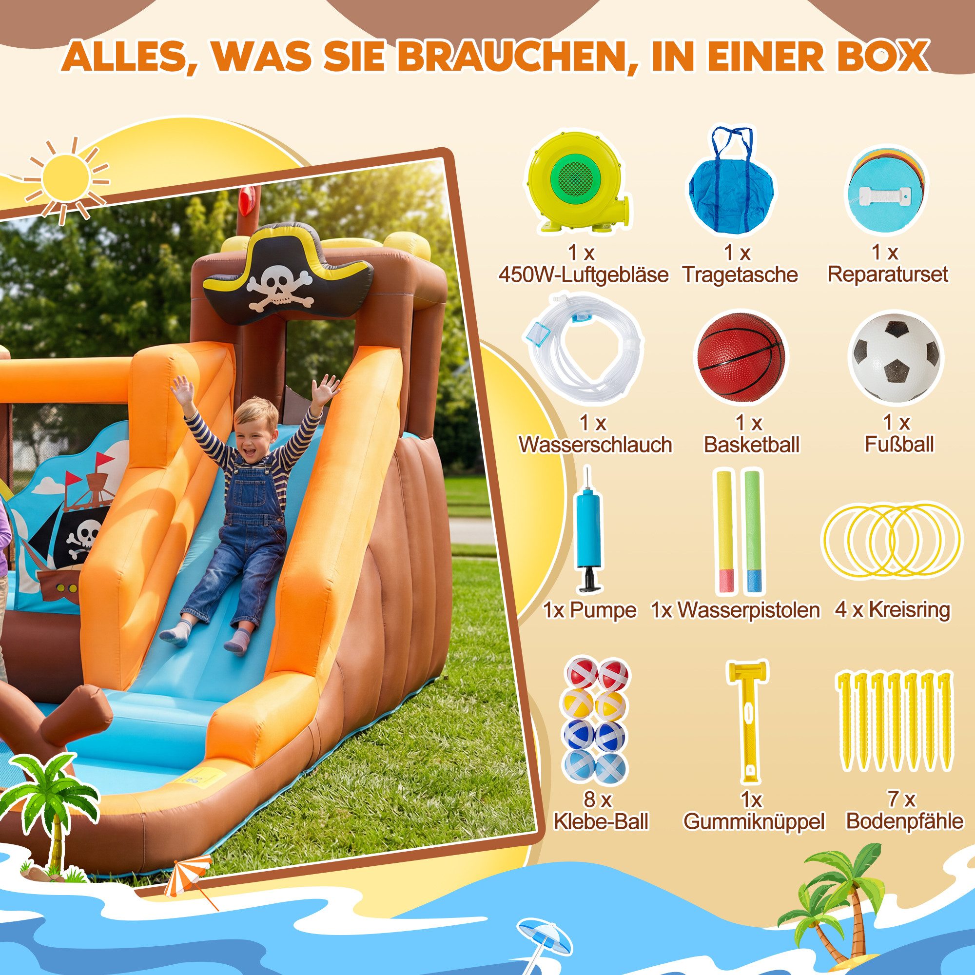 UEV Hüpfburg mit Gebläse Groß Piraten-Thema Aufblasbare Wasserpark Springburg, (394x326x243cm XXL für Kinder von 3-8 Jahre, mit Kletterwand Sicherheitsnetz Kindergeburtstag), für Indoor und Outdoor Wasserrutsche Springen