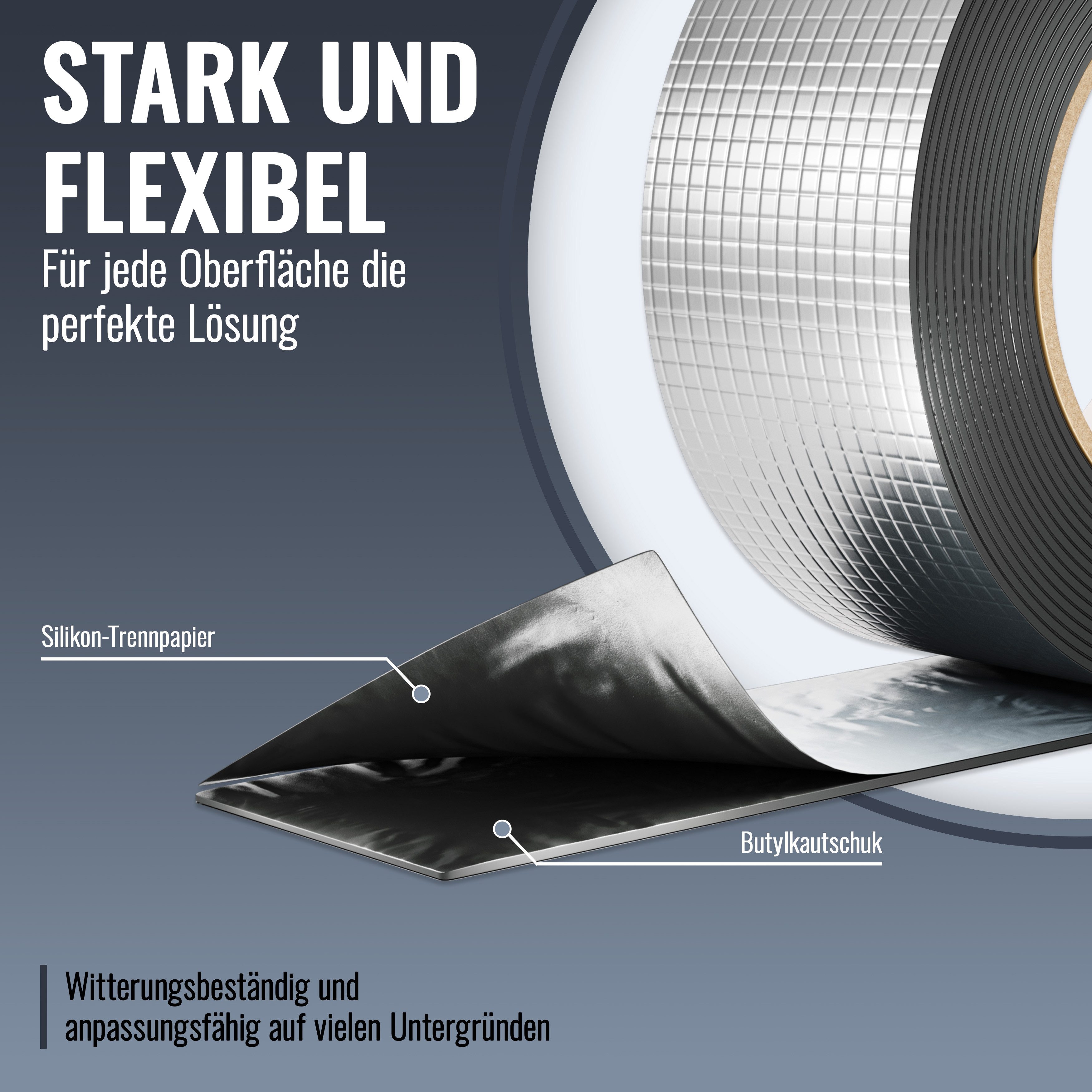 Poppstar Klebeband Alu Butylband selbstklebend (Dichtband einseitig klebend mit Aluminiumkaschierung) Alu Butyl Klebeband 5m x 50mm x 1,5mm