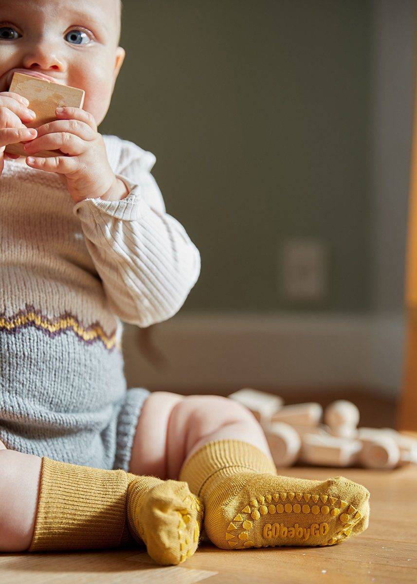 GoBabyGo ABS-Socken Kinder Stoppersocken antirutsch Krabbel Gummi (Mustard Rutschfeste Senfgelb) mit Strümpfe Noppen Baby Socken Kleinkinder - 