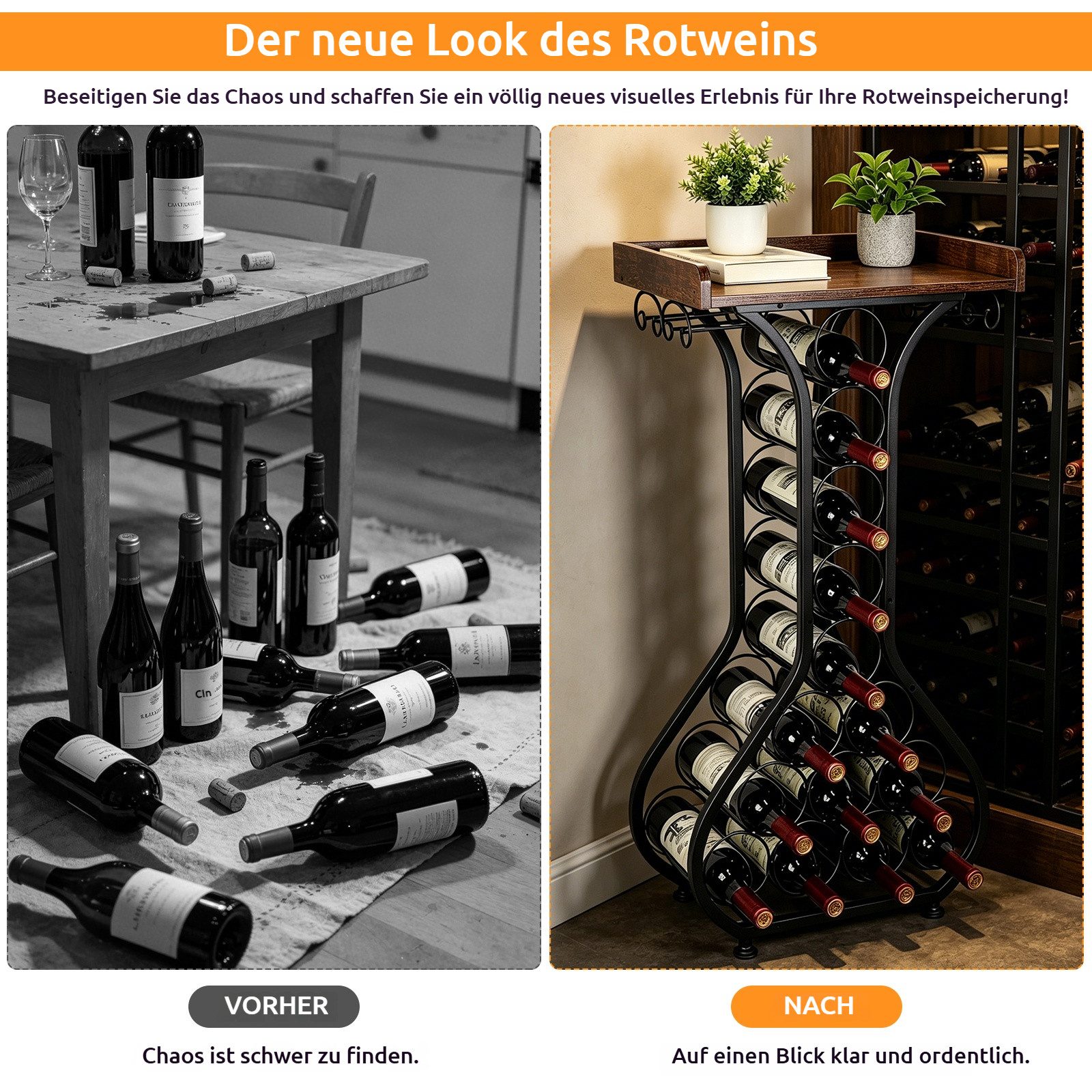 BlingBin Weinregal Freistehendes Metall Weinregal mit Holzplatte, Weinständer, 1er Set 1-tlg., für 14 Flaschen und 4 Weingläser, Vintage Design für Küche & Haus – Bild 5 von 5