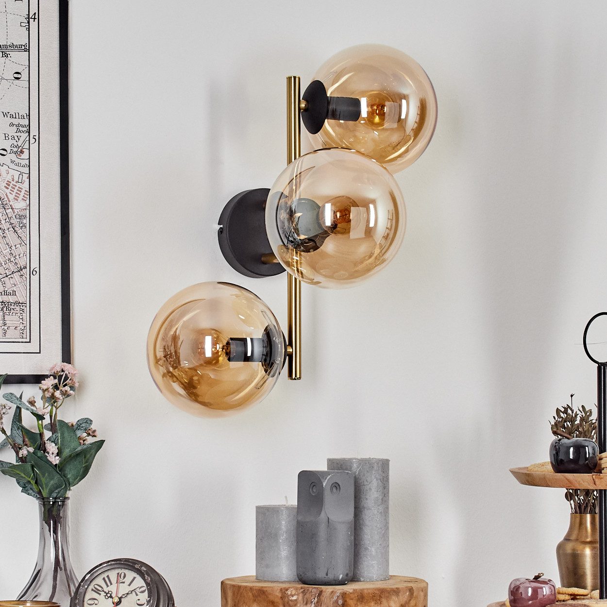 hofstein Wandleuchte Wandlampe aus Metall/Glas in Schwarz/Gold-/Bernsteinfarben, moderne Wandleuchte im Retro/Vintage-Design (Schirme 15 cm), E14