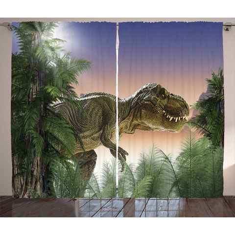 Gardine Schlafzimmer Kräuselband Vorhang mit Schlaufen und Haken, Abakuhaus, Jurassic Dinosaurier im Dschungel