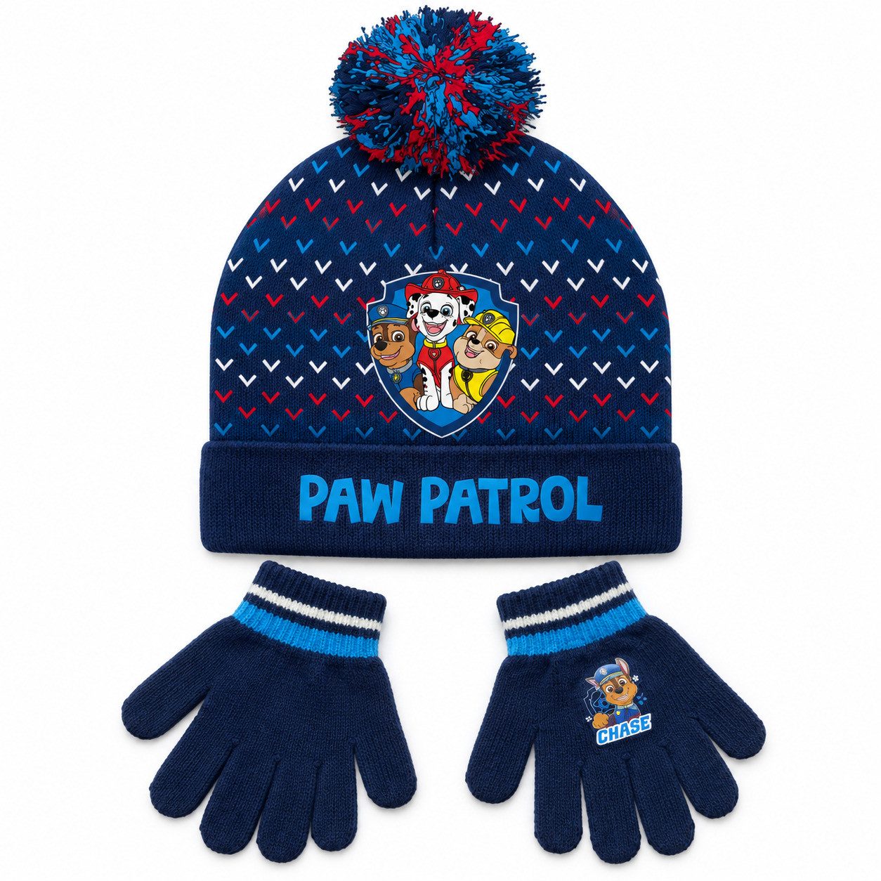 PAW PATROL Bommelmütze Paw Patrol Chase Kinder 2tlg Set Winter Mütze plus Handschuhe Gr.52-54 (Spar-Set)