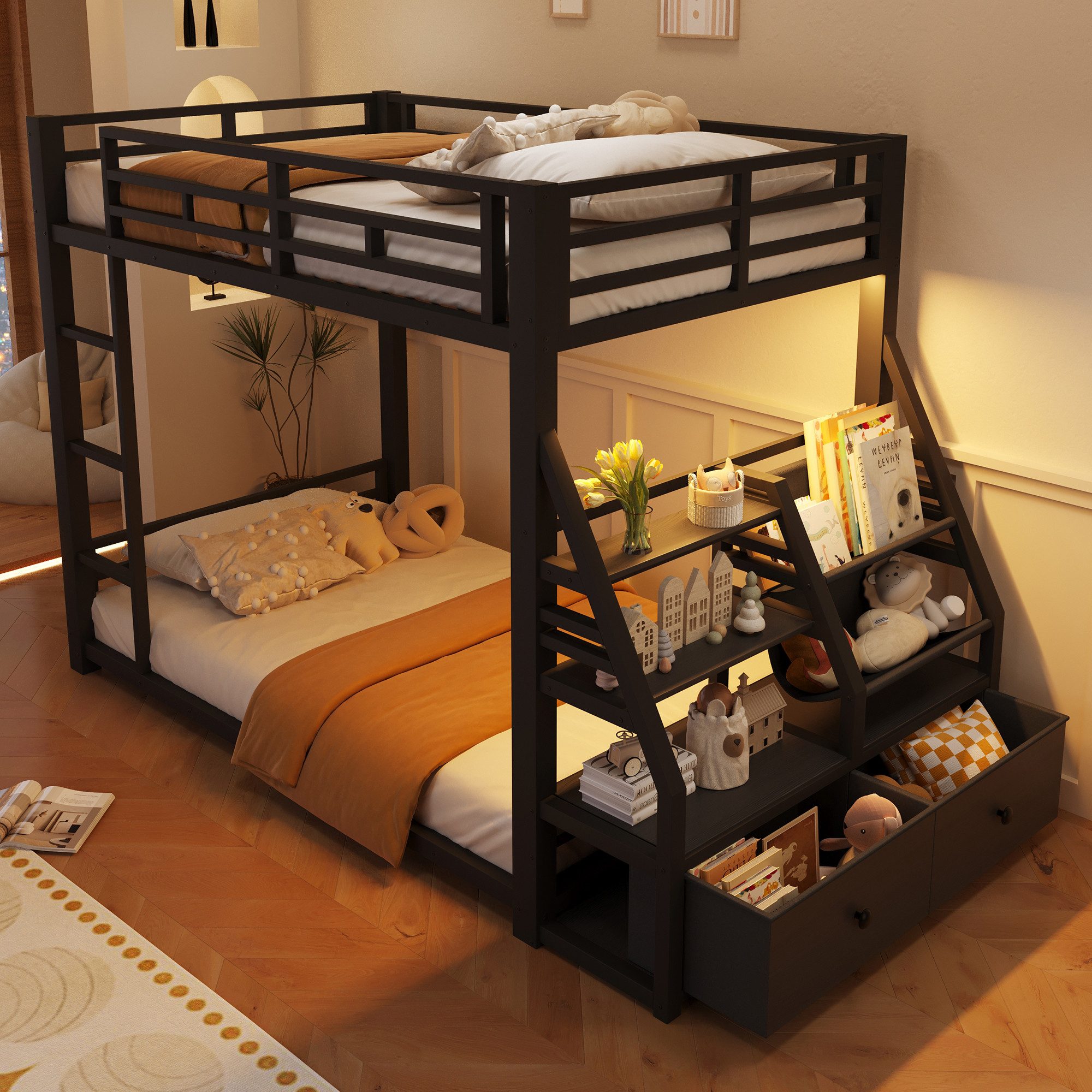 Merax Etagenbett mit LED-Beleuchtung, Metallbett (Jugendbett Stockbett Doppelbett, 1-St), Kinderbett 90x200cm mit Stoffschubladen Ablagefächern Leiter Geländer