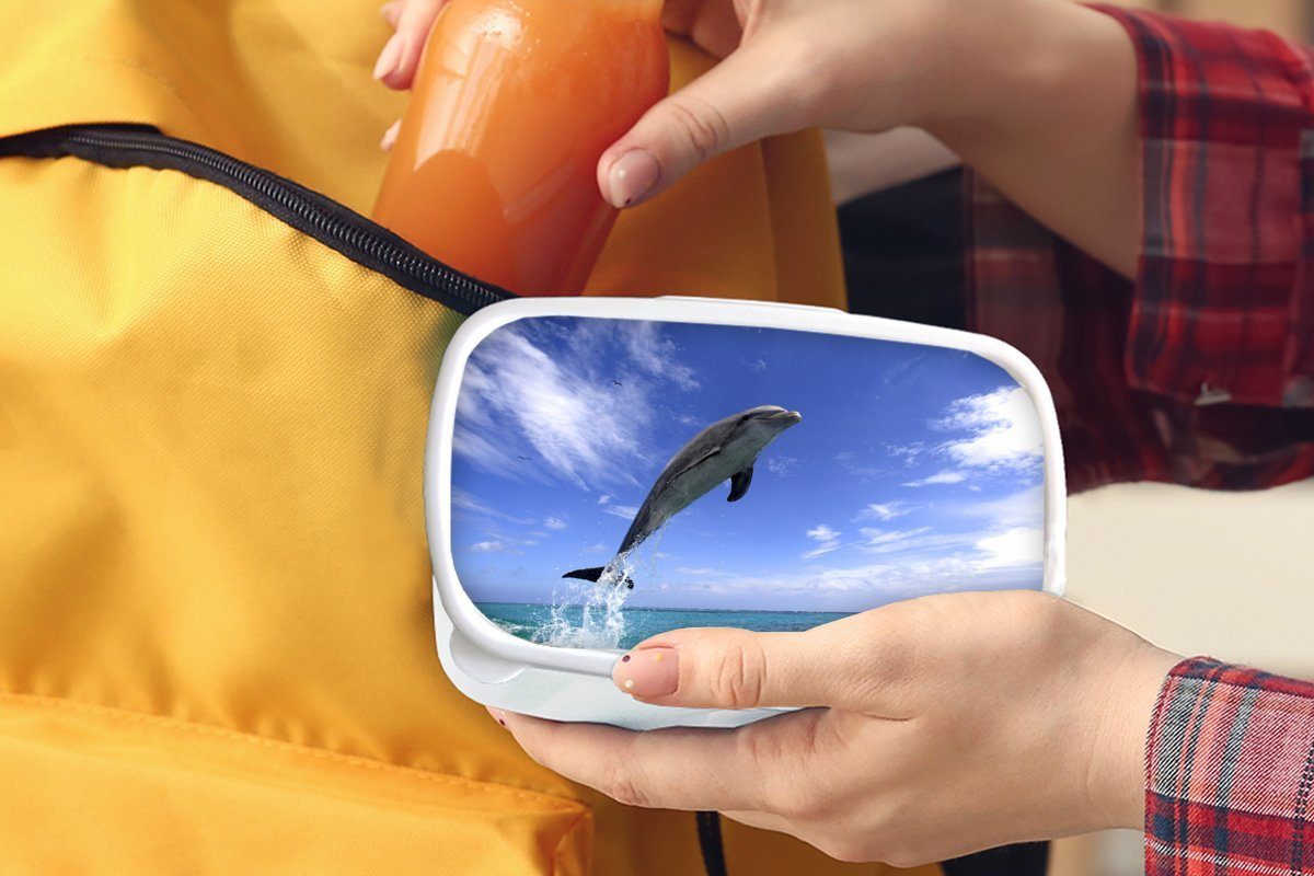 MuchoWow Lunchbox (2-tlg), - Kinder - Jungs für Mädchen Erwachsene, und Kunststoff, und Brotdose, für Brotbox Himmel, Delfin weiß Meer