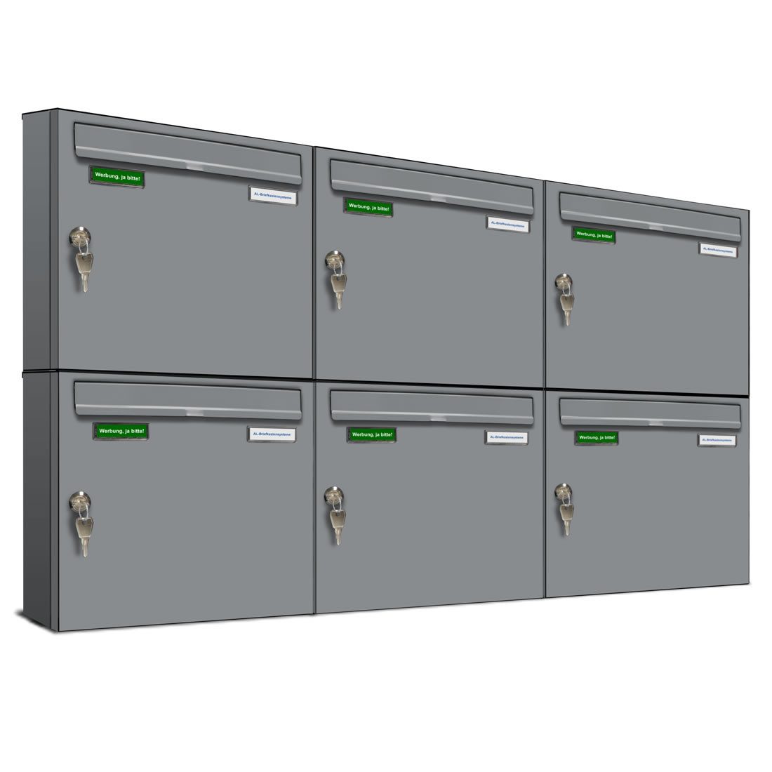 AL Briefkastensysteme Wandbriefkasten 6 Fach Basic Briefkasten A4 RAL Farbe 9006 Weiss Aluminium wetterfest