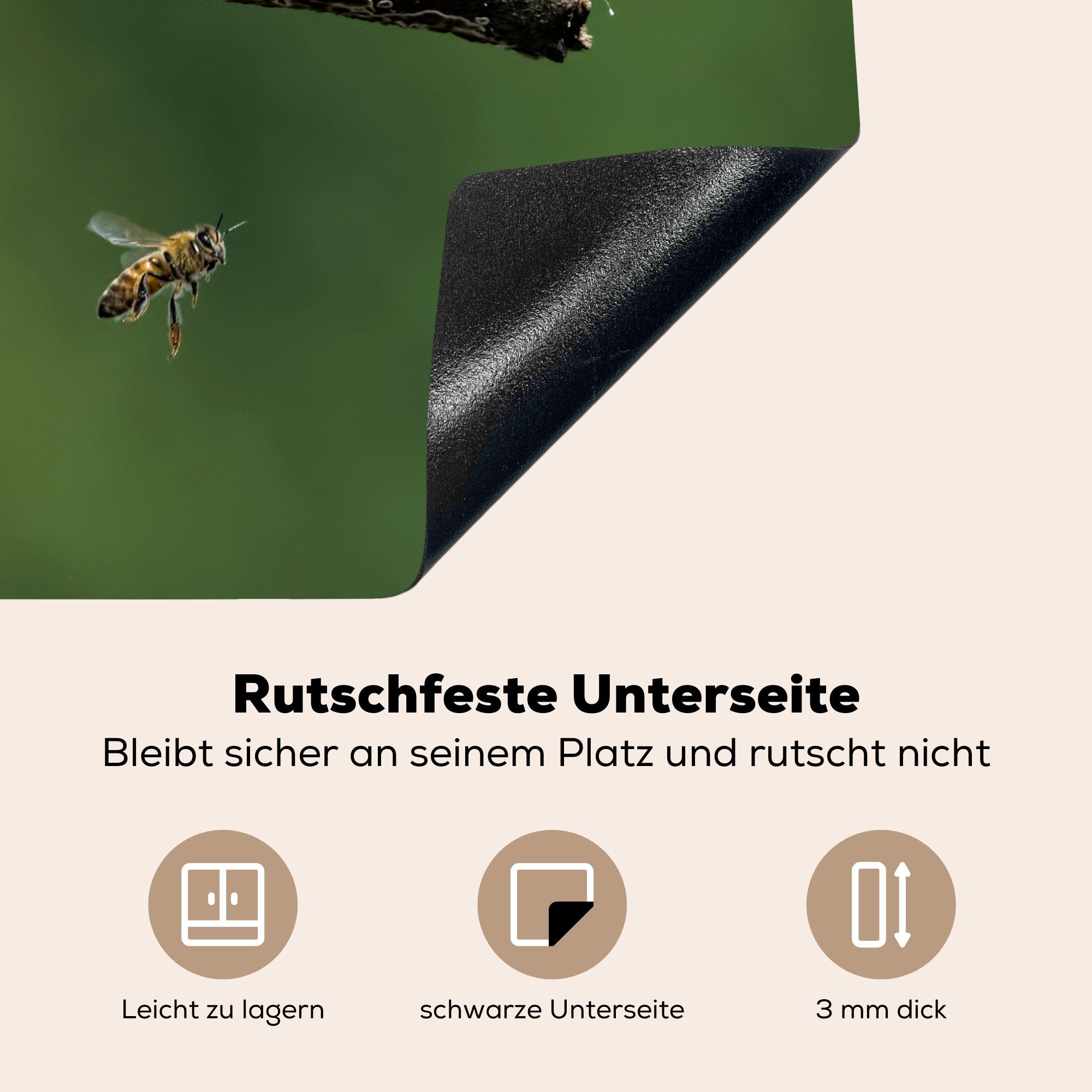 MuchoWow Herdblende-/Abdeckplatte Eine Biene vor (1 Kolibri ein grünen Vinyl, Ceranfeldabdeckung nutzbar, Mobile 60x52 verblassten tlg), cm, Arbeitsfläche und Hintergrund, einem