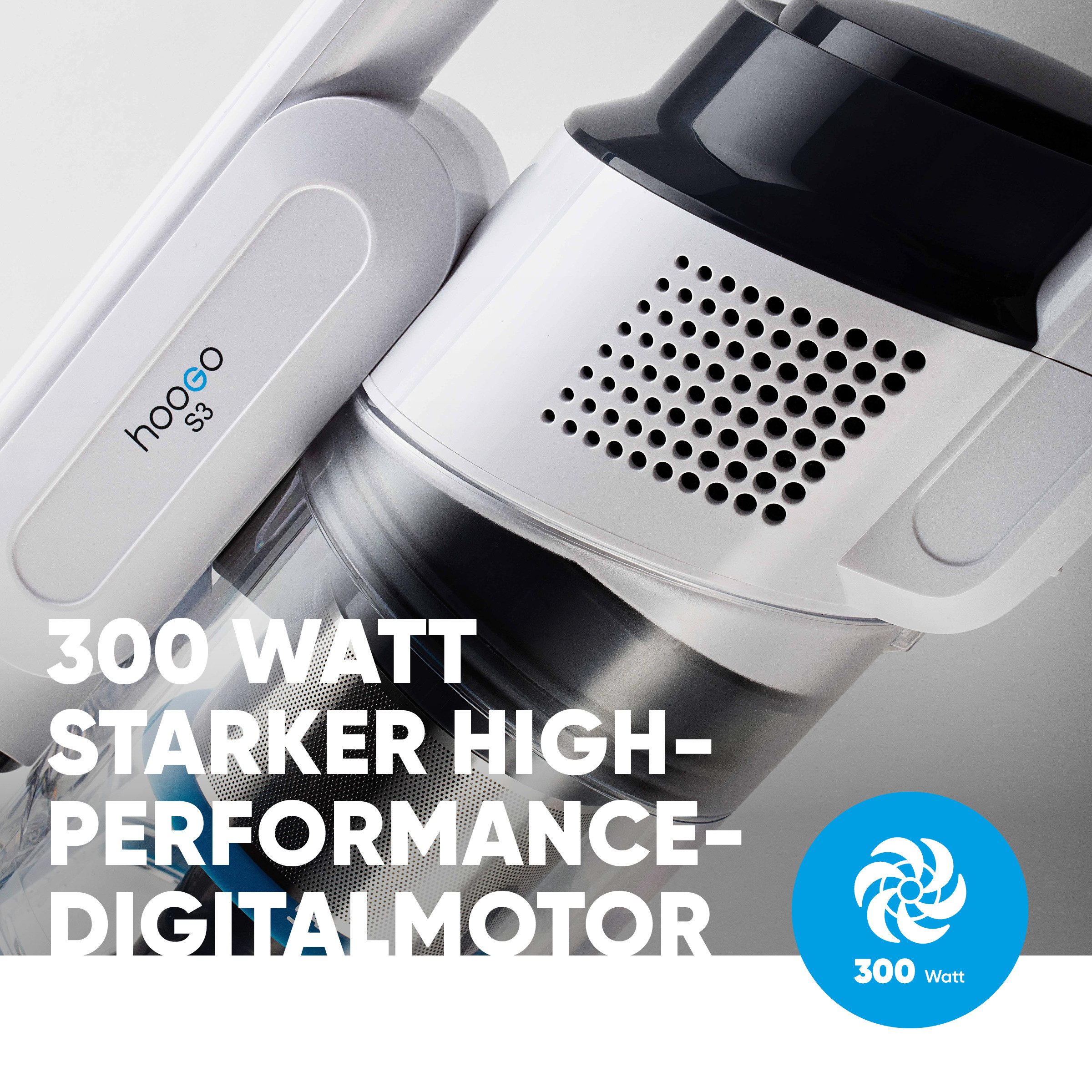 hoogo Akku-Hand-und Stielstaubsauger S3, 330 W, beutellos, 50min Laufzeit, für Allergiker, Tierhaare, Qualität aus Deutschland