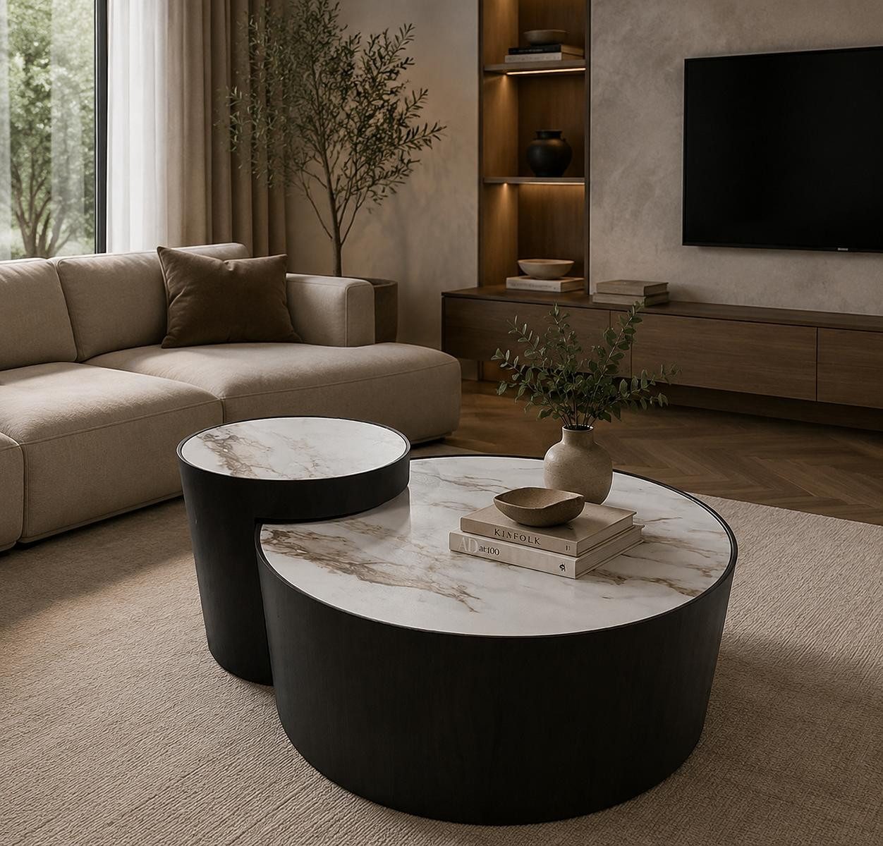 JVmoebel Couchtisch Designer Couchtisch Set 2 Teilig Schwarz Rund Satztisch Modern, Made in Europa