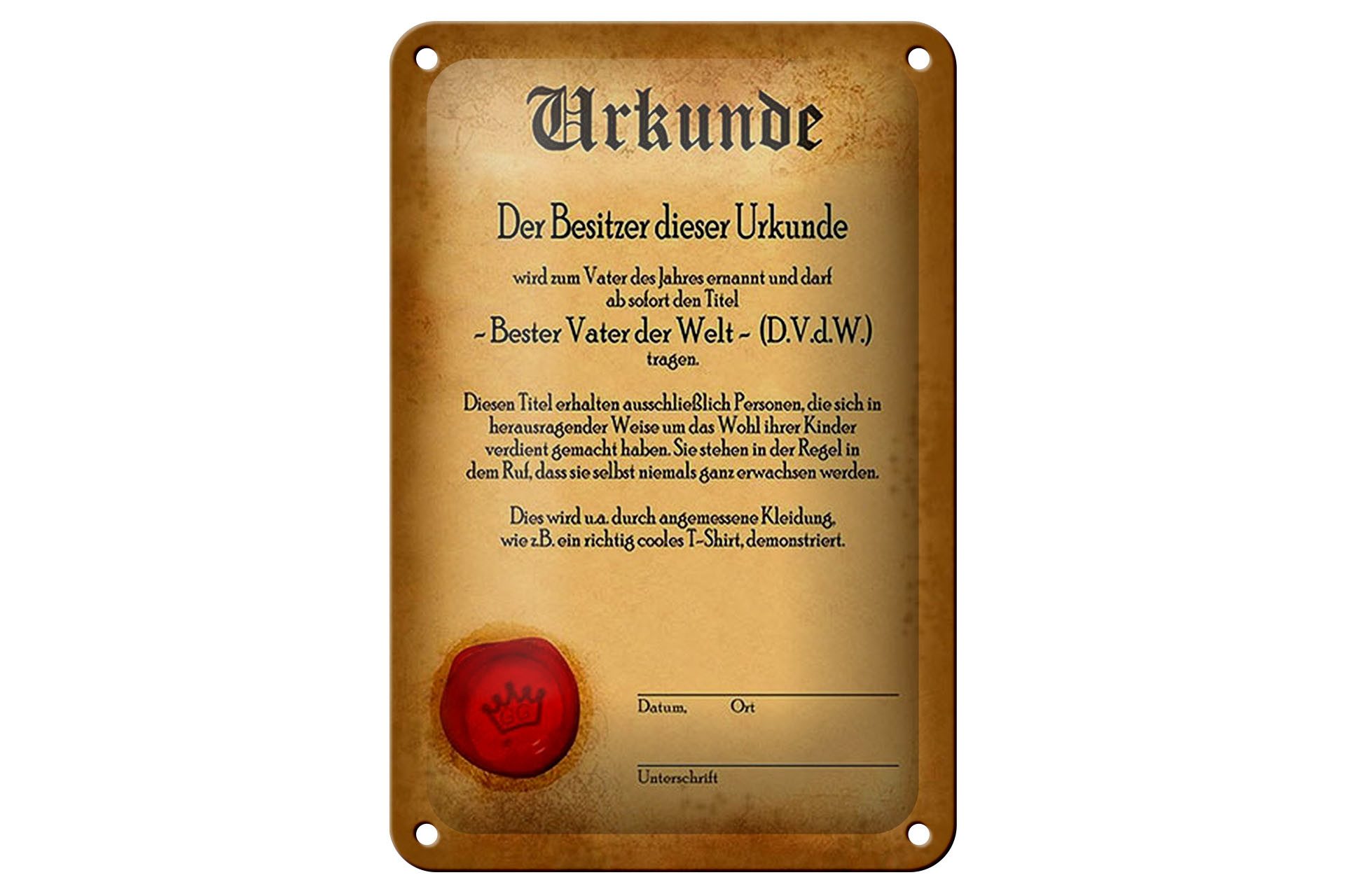 Femer GmbH Metallschild Vater 12x18cm Urkunde bester Vater der Welt, (1 St), gewölbte Oberfläche, abgerundete Ecken, umgeschlagene Kanten