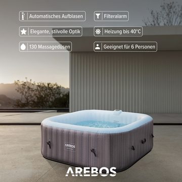 Arebos Whirlpool Aufblasbar, Innen- und Außenbereich, 185 x 185 cm, 6 Personen, (Aufblasbar,komplett mit Zubehör), LED-Display