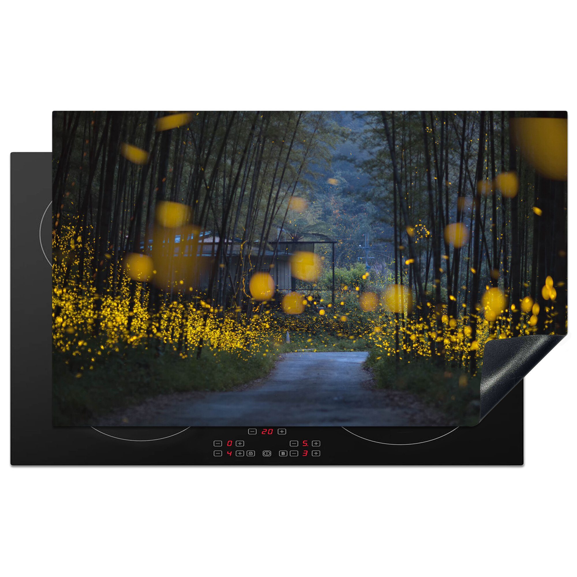 MuchoWow Herdblende-/Abdeckplatte Schöne Sommernacht mit einigen Glühwürmchen über einer Straße, Vinyl, (1 tlg), 83x51 cm, Ceranfeldabdeckung, Arbeitsplatte für küche