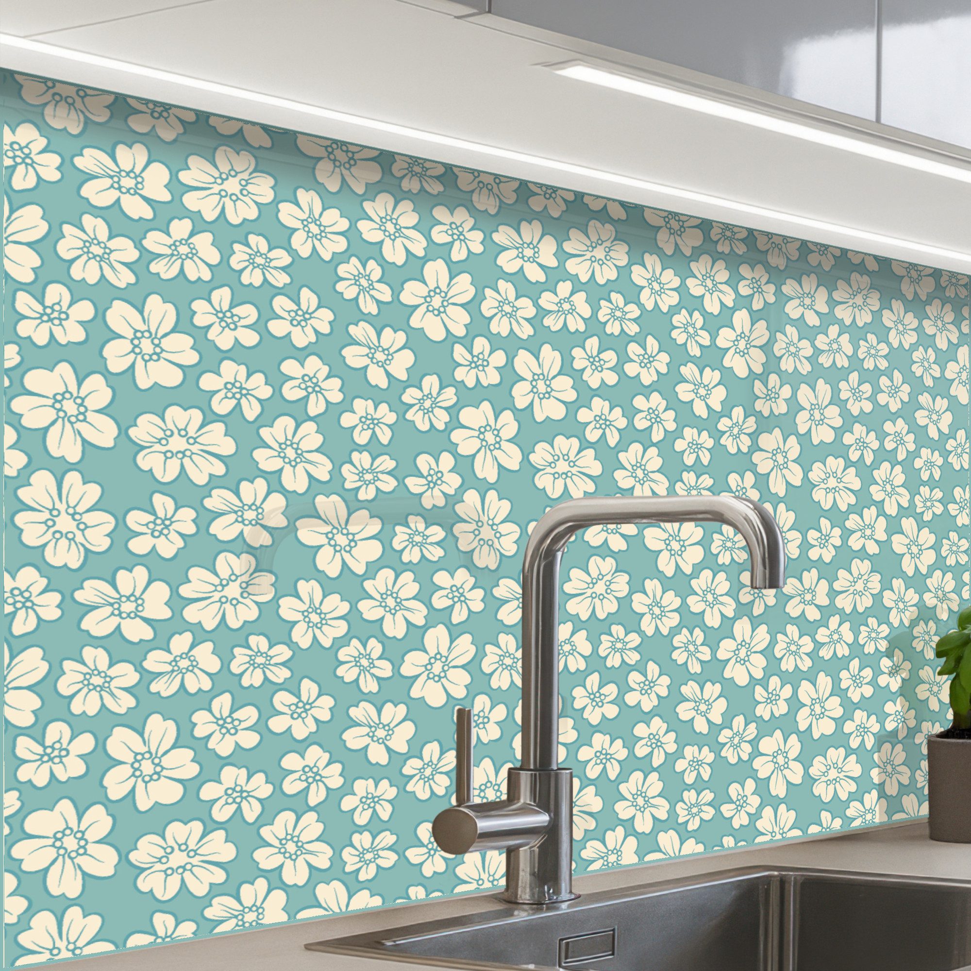 KitchenYeah Küchenrückwand Muster selbstklebend (keine Folie) Blumen - Weiß - Vintage - Muster, (1-tlg), Spritzschutz, Küche, Rückwand, Küchenwand, Küchenfront, 30x20 cm