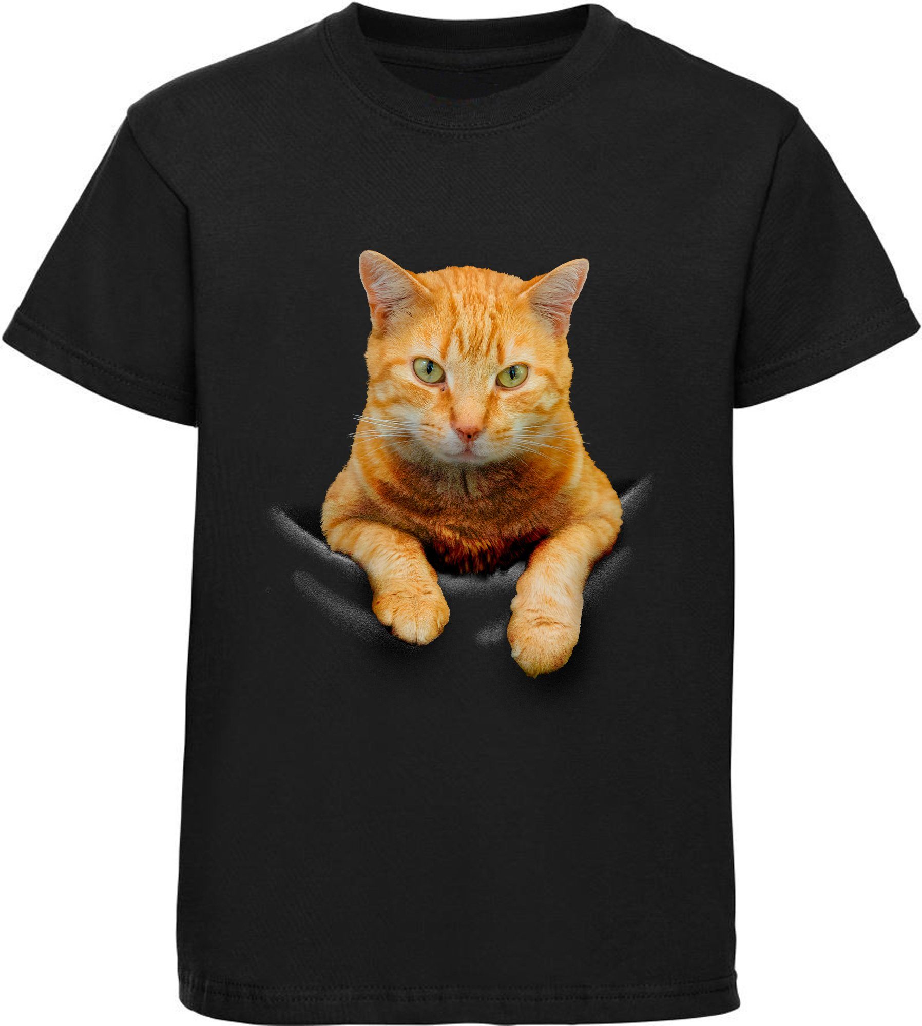 i109 MyDesign24 rosa, T-Shirt schwarz, in Katze, mit bedrucktes Tasche Print-Shirt Baumwollshirt rot, weiß, Mädchen Katze der
