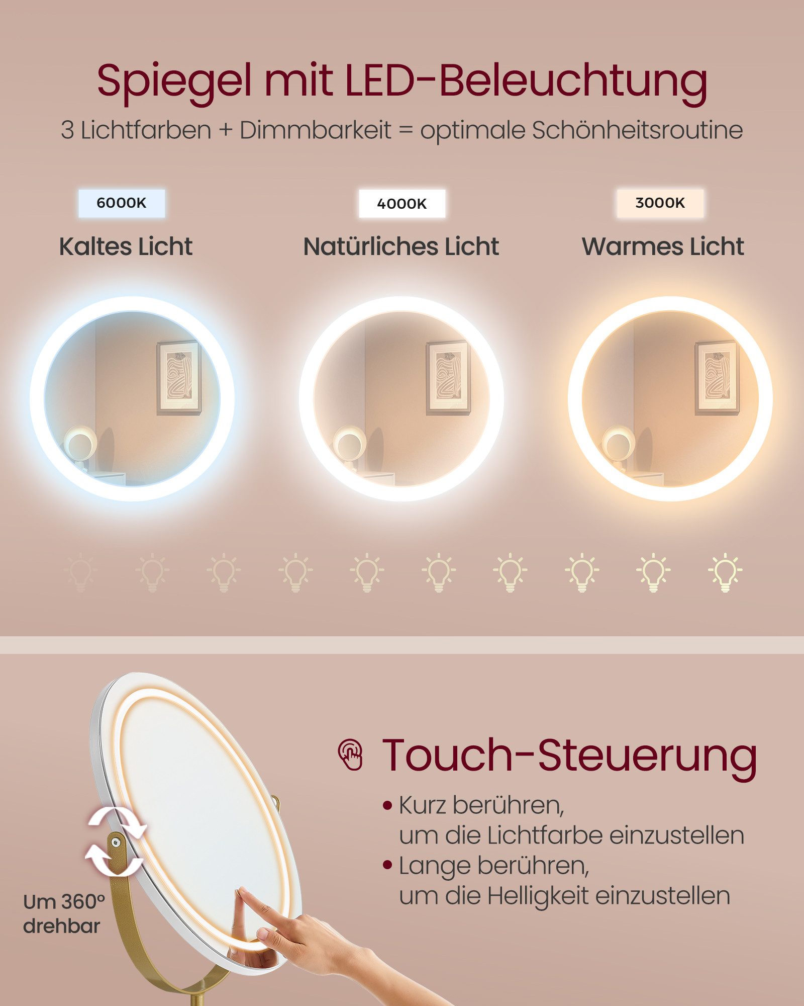 VASAGLE Schminktisch Kosmetiktisch mit Beleuchtung, Steckdosenleiste, Spiegel (1 Tisch mit Hocker), Frisiertisch,40 x 80 x 134,8cm,mit Schubladen,gepolsterter S – Bild 5 von 5