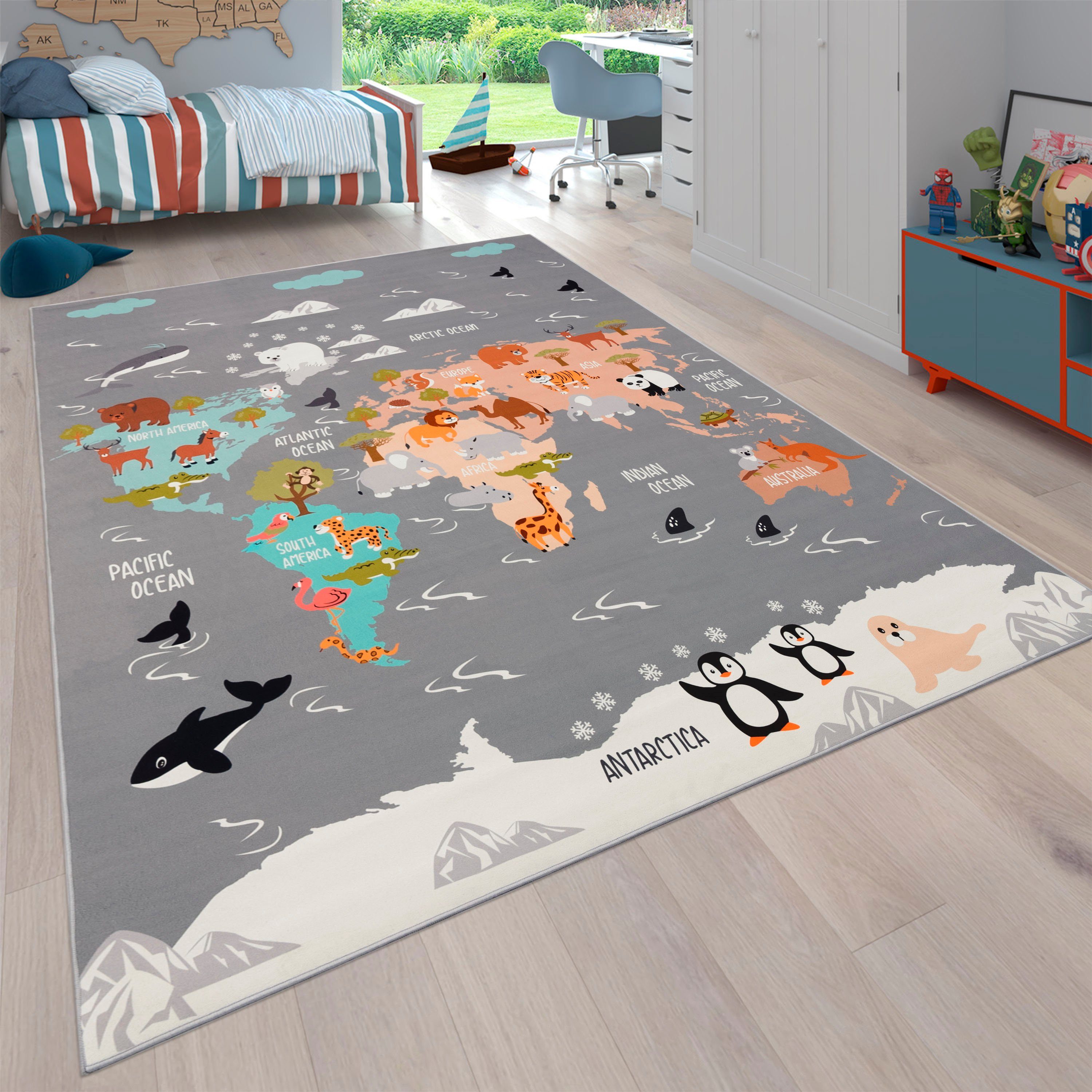 Paco Home Kinderteppich Bino 581, rechteckig, Höhe: 4 mm, Spielteppich, Motiv Weltkarte & Tiere, Kinderzimmer