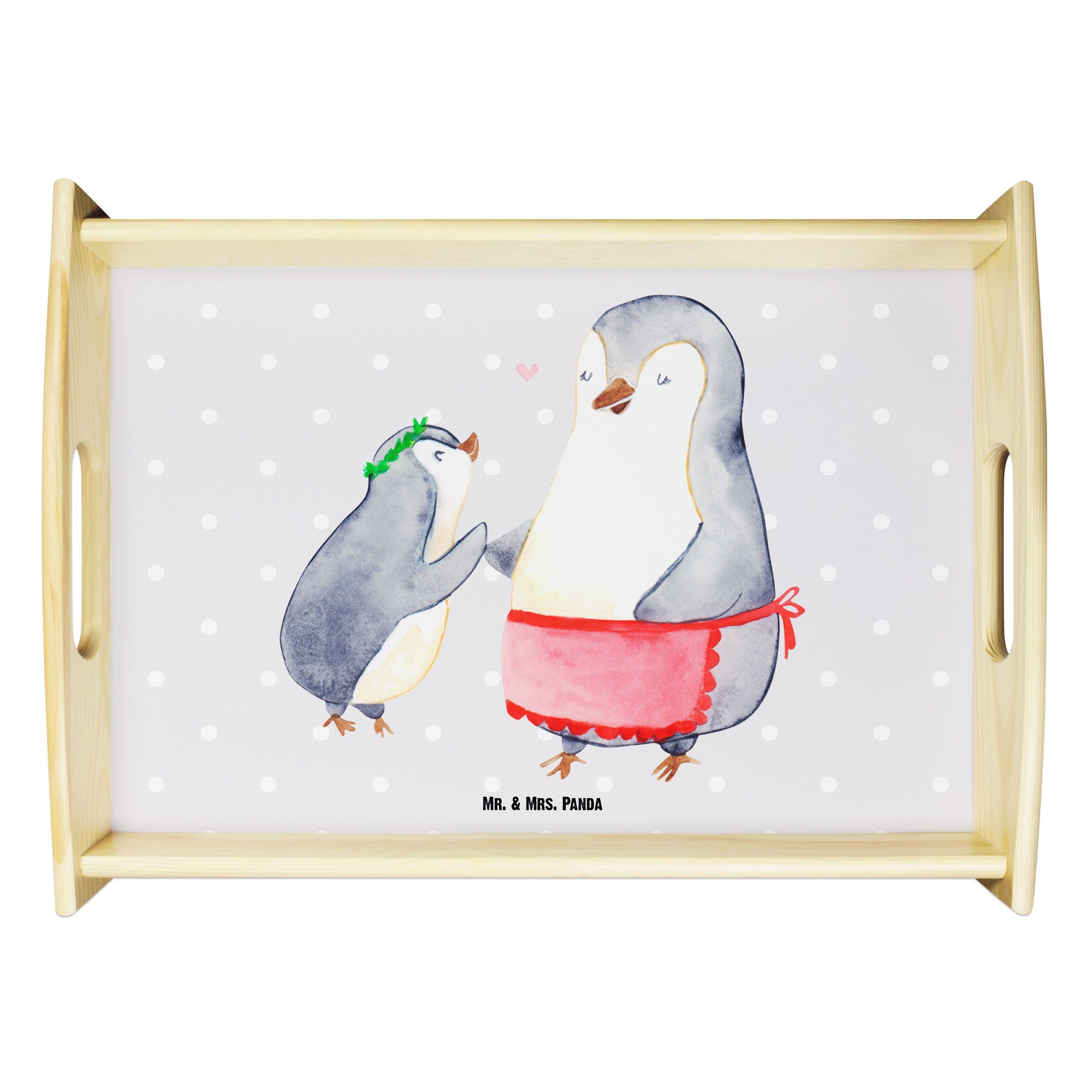 Mr. & Mrs. Panda Tablett Pinguin mit Kind - Grau Pastell - Geschenk, Dekotablett, Tablett, Küc, Echtholz lasiert, (1-tlg)