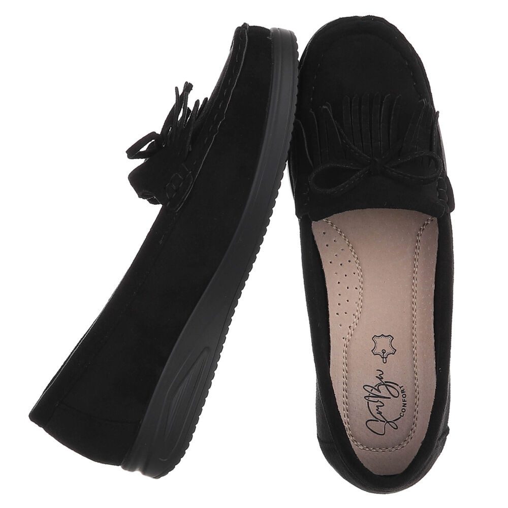 Ital-Design Eleganter Fransen-Schuh für Damen mit hohem Tragekomfort Slipper (91409709) Keilabsatz/Wedge Mokassins in Schwarz