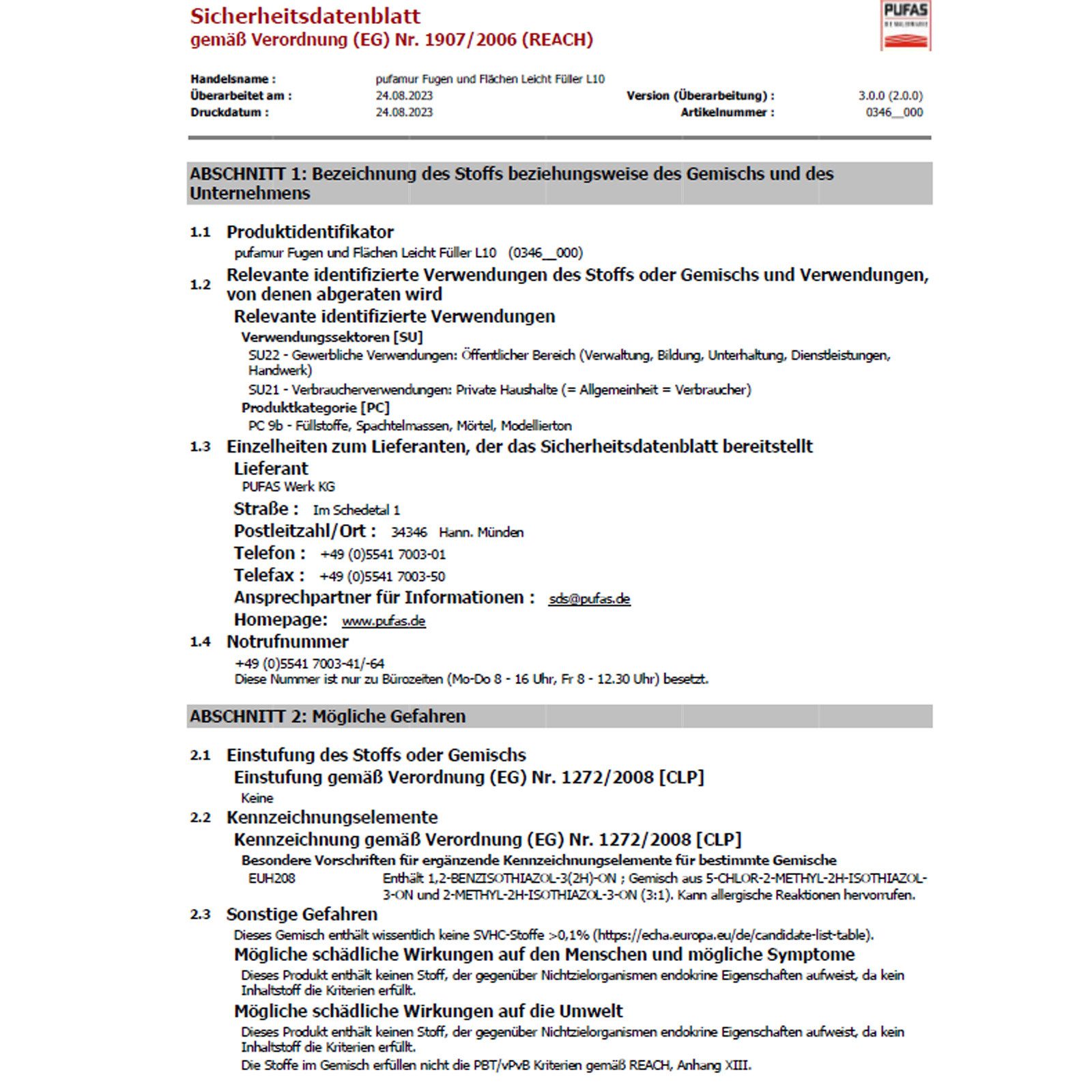 PUFAS Spachtelmasse PUFAMUR L10 FUGEN UND FLÄCHEN LEICHTFÜLLER - 0.31 LTR