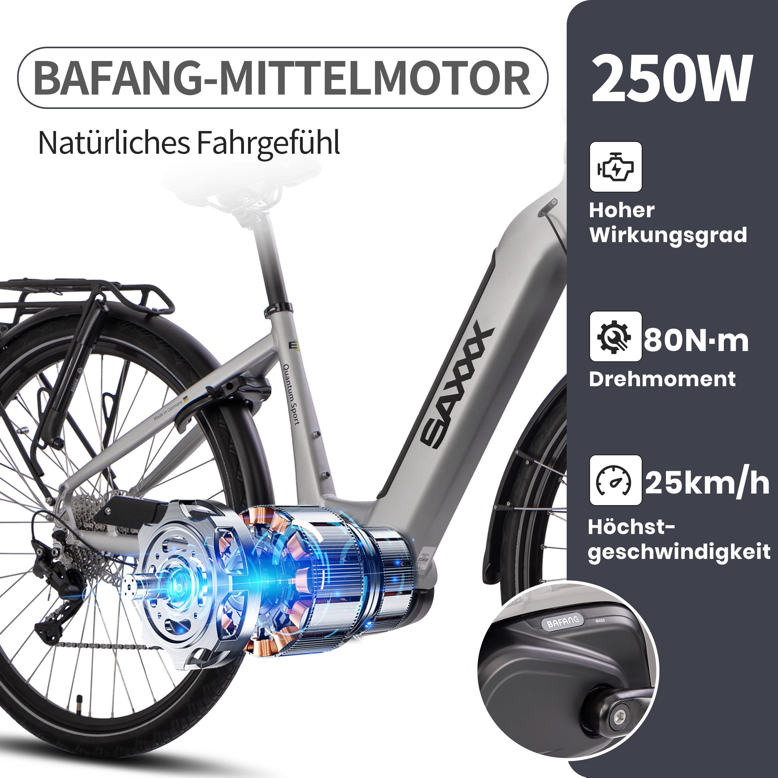 SAXXX E-Bike Trekkingrad QSW 28 Zoll City-Pedelec mit tiefem Einstieg, 10 Gang SHIMANO Deore Schaltwerk, Kettenschaltung, Mittelmotor, 540 Wh, (mit entnehmbarem Akku, mit Akku-Schlüssel, mit Gepäckträger), 80 Nm Antrieb, Hydraulikbremsen, bis ca. 100 km