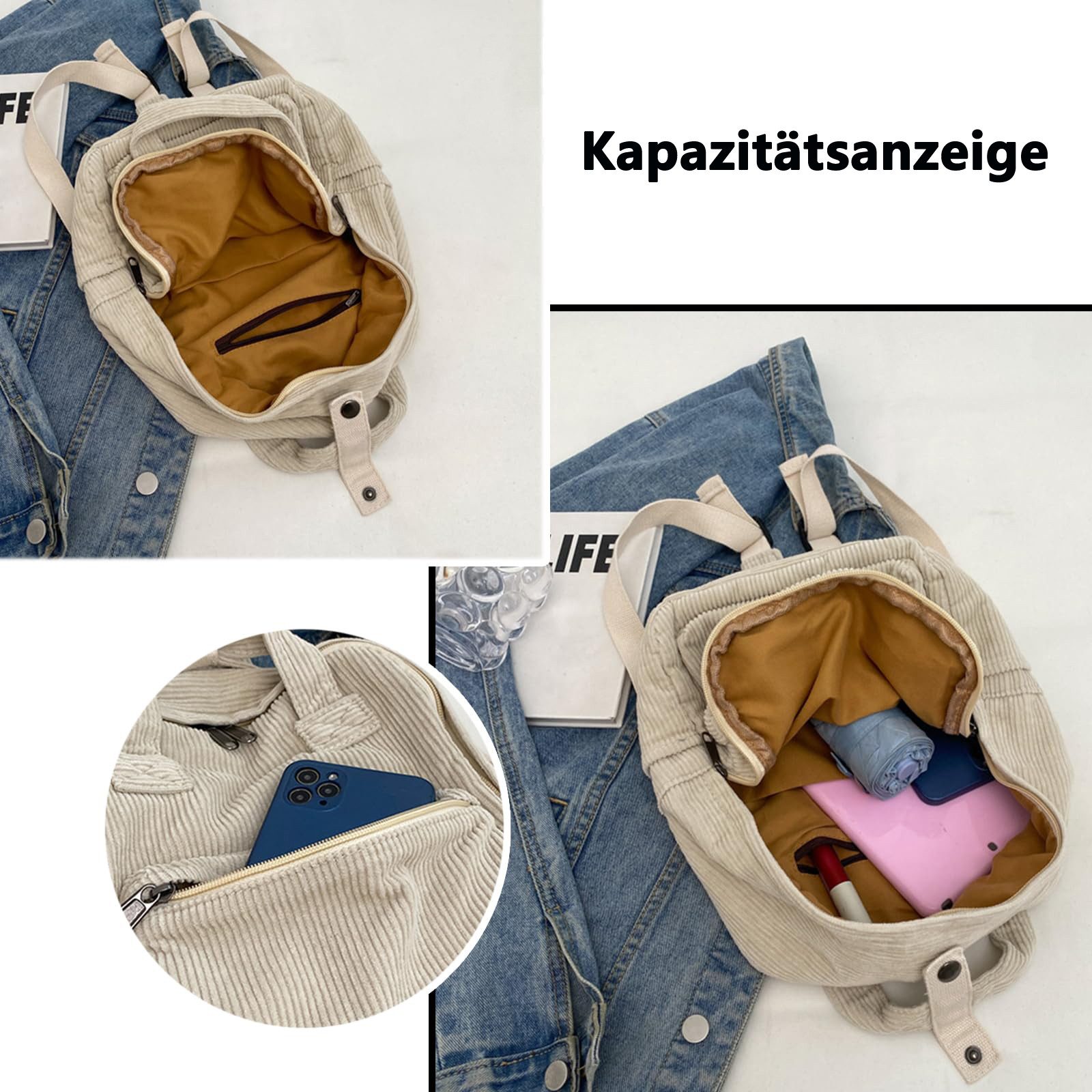 nsihing Rucksack Damen Canvas/Cord Cityrucksack Rucksäcke Daypacks, Rucksackhandtaschen Kinderrucksäcke für Schule Travel Arbeit – Bild 4 von 5