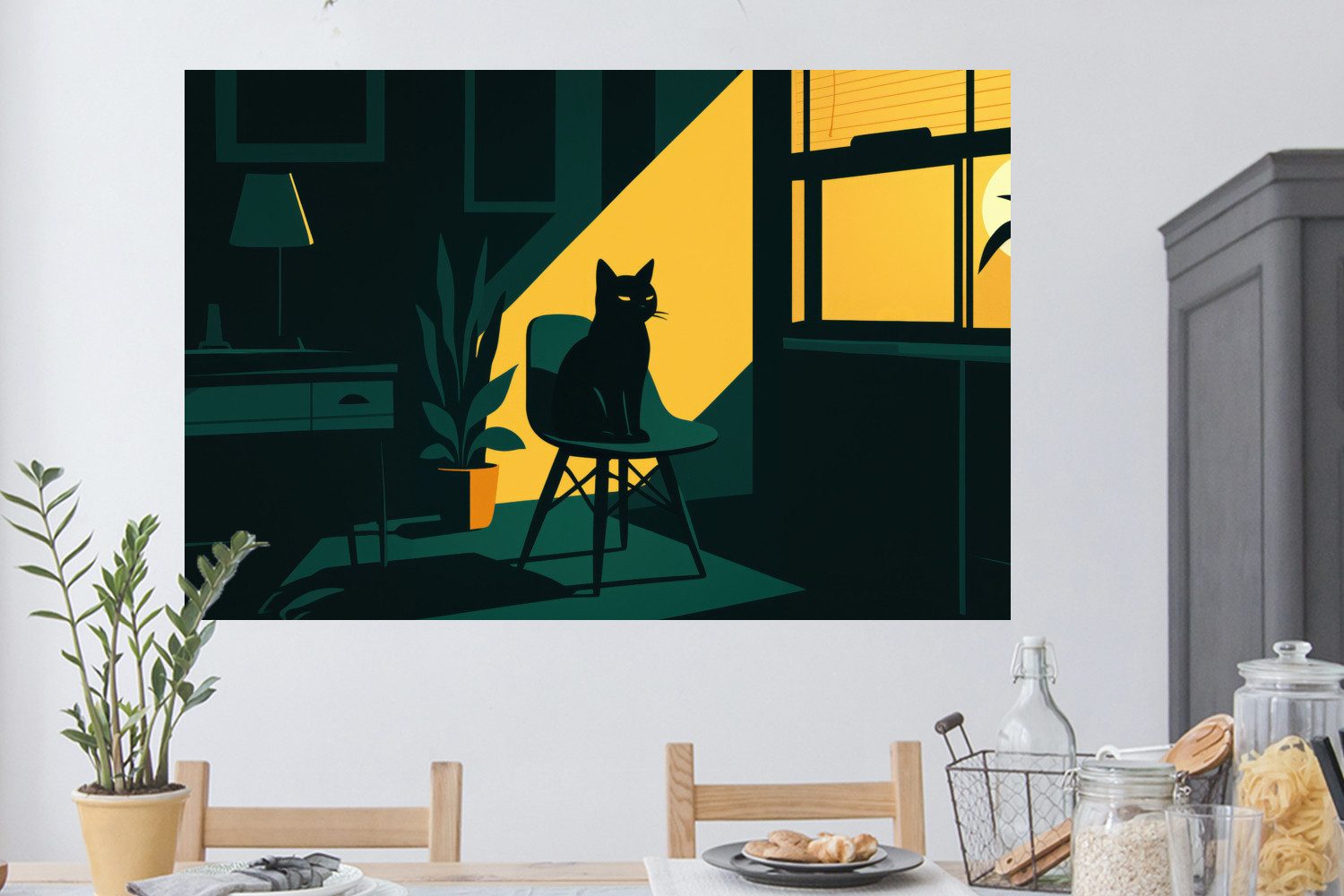MuchoWow Wandsticker Schwarze Katze - Geheimnisvoll - Gelbe Tranche (1 St), Wanddeko, Aufkleber, Wandtattoo, 120x80 cm