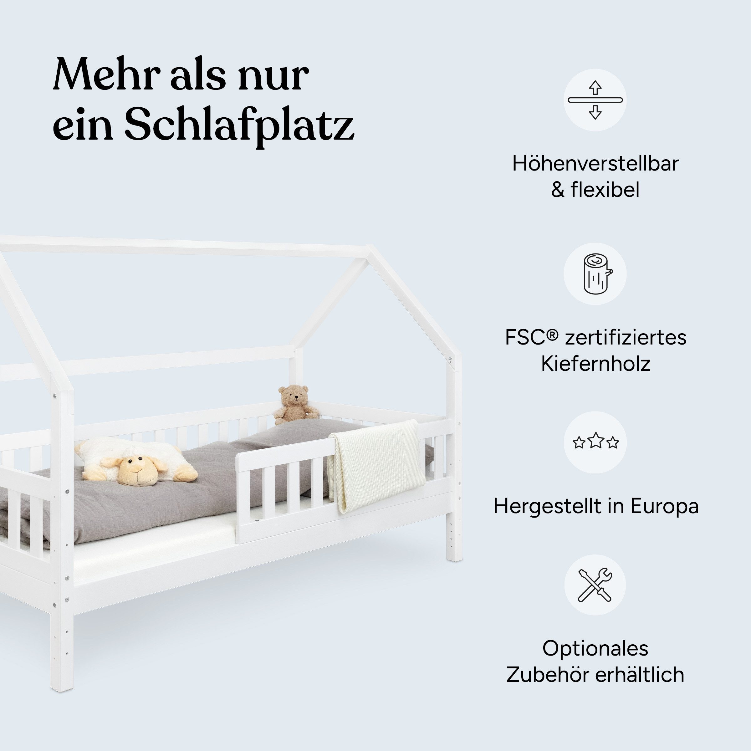 Ehrenkind Hausbett Lille aus massivem Kiefernholz inkl. Rausfallschutz und Rollrost (80x160 Weiß, Hausbett mit optionalem Stauraum), 2 in 1 Aufbau bodentief oder Standardhöhe