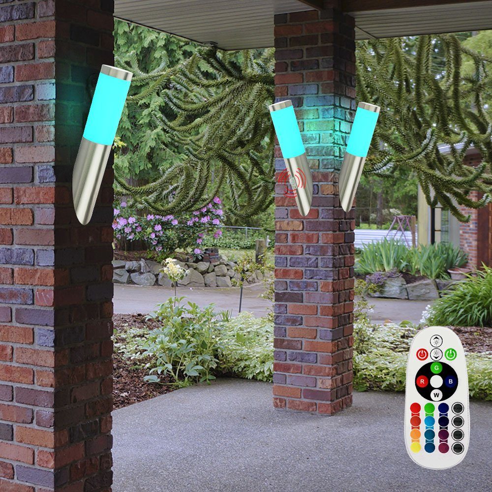 etc-shop Außen-Wandleuchte, Leuchtmittel inklusive, Warmweiß, Farbwechsel, 3er Set RGB LED Edelstahl Außen Wand Lampen Bewegungsmelder Dimmer