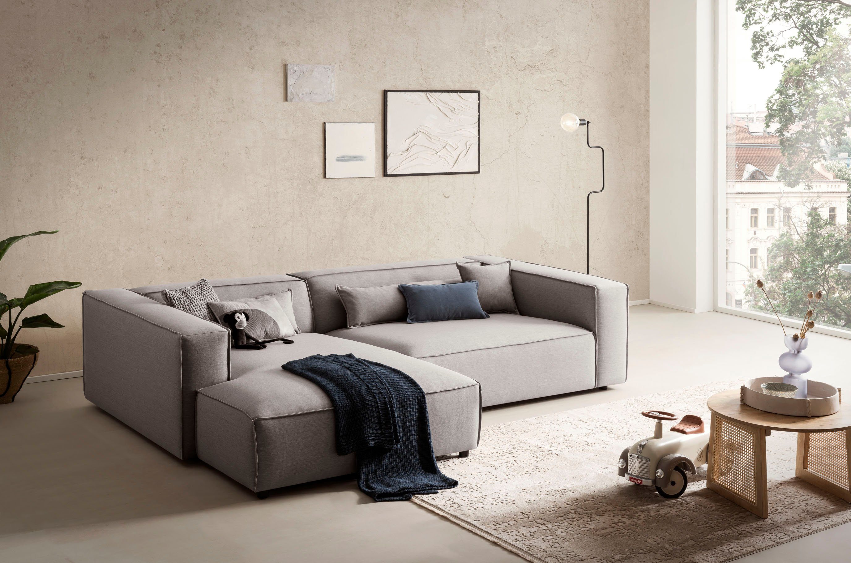 LeGer Home by Lena Gercke Ecksofa PIARA XXL, Big-Sofa, Cord, Leinenoptik o. Strukturstoff, L-Form, wahlweise Ottomane rechts/links, Kedernaht, extra tiefe Sitzfläche