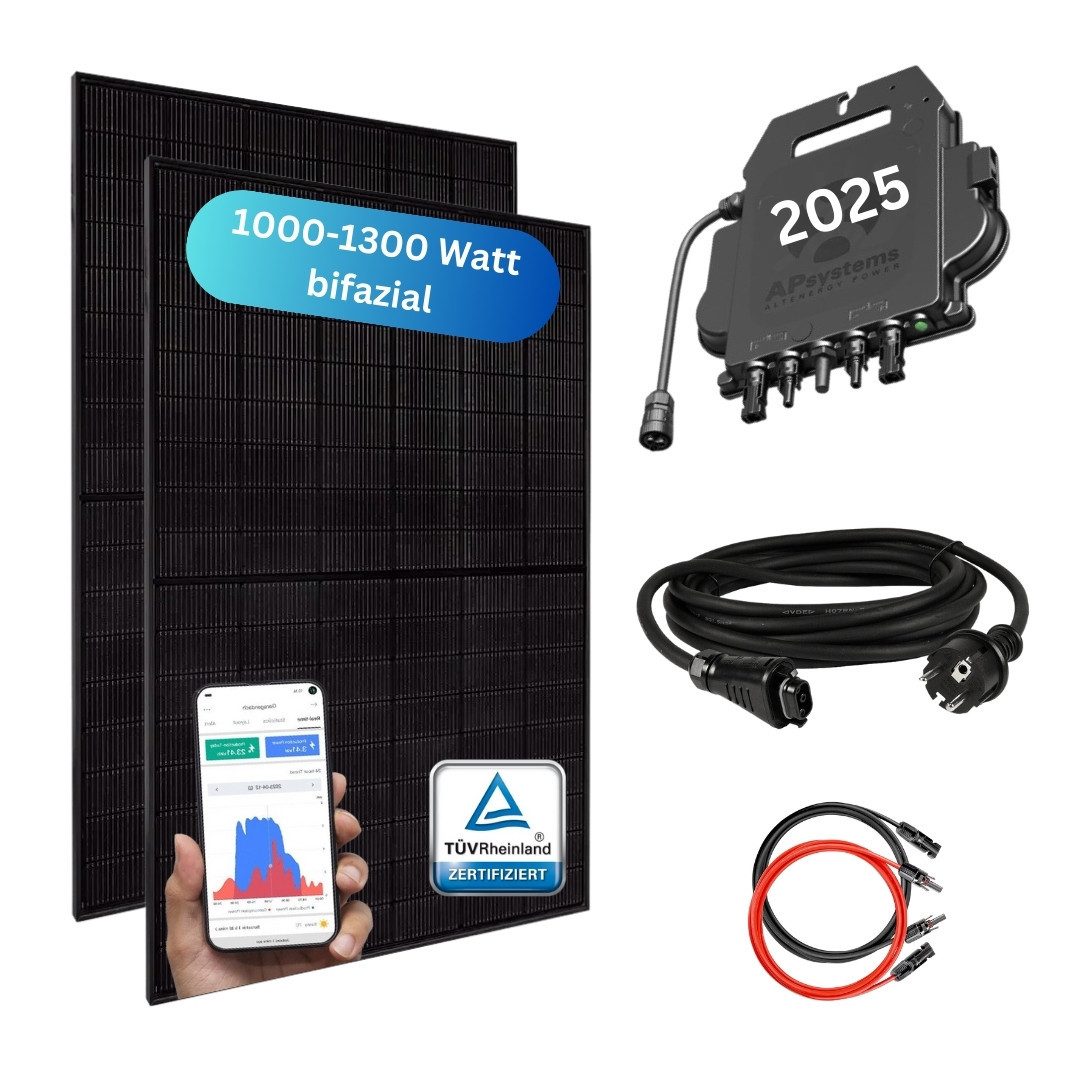MyVoltaics Balkonkraftwerk 800 Watt MyBasic XXL 1000+ W Komplettset mit 2 Modulen Versand gratis, 1000 W, bifazial, (Set komplett, 3-St., XXL Module inkl. WLAN Wechselrichter (2025er Modell) & allen Kabeln), anschlussfertig für die Steckdose & Solarmodule