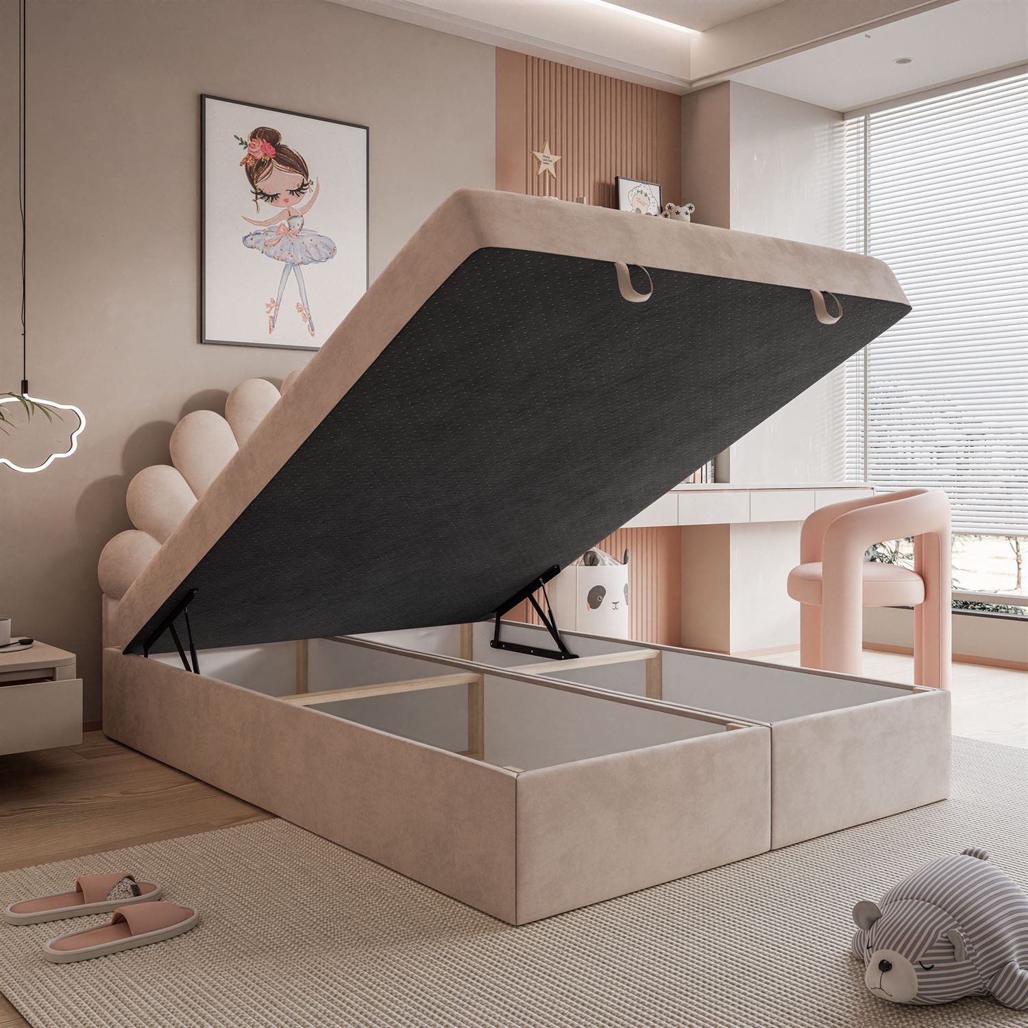 Lookway Boxspringbett ASHLEY Polsterbett mit Muschel-Kopfteil und Bettkasten (Boxspringbett mit Topper), gepolstertes Kopfteil