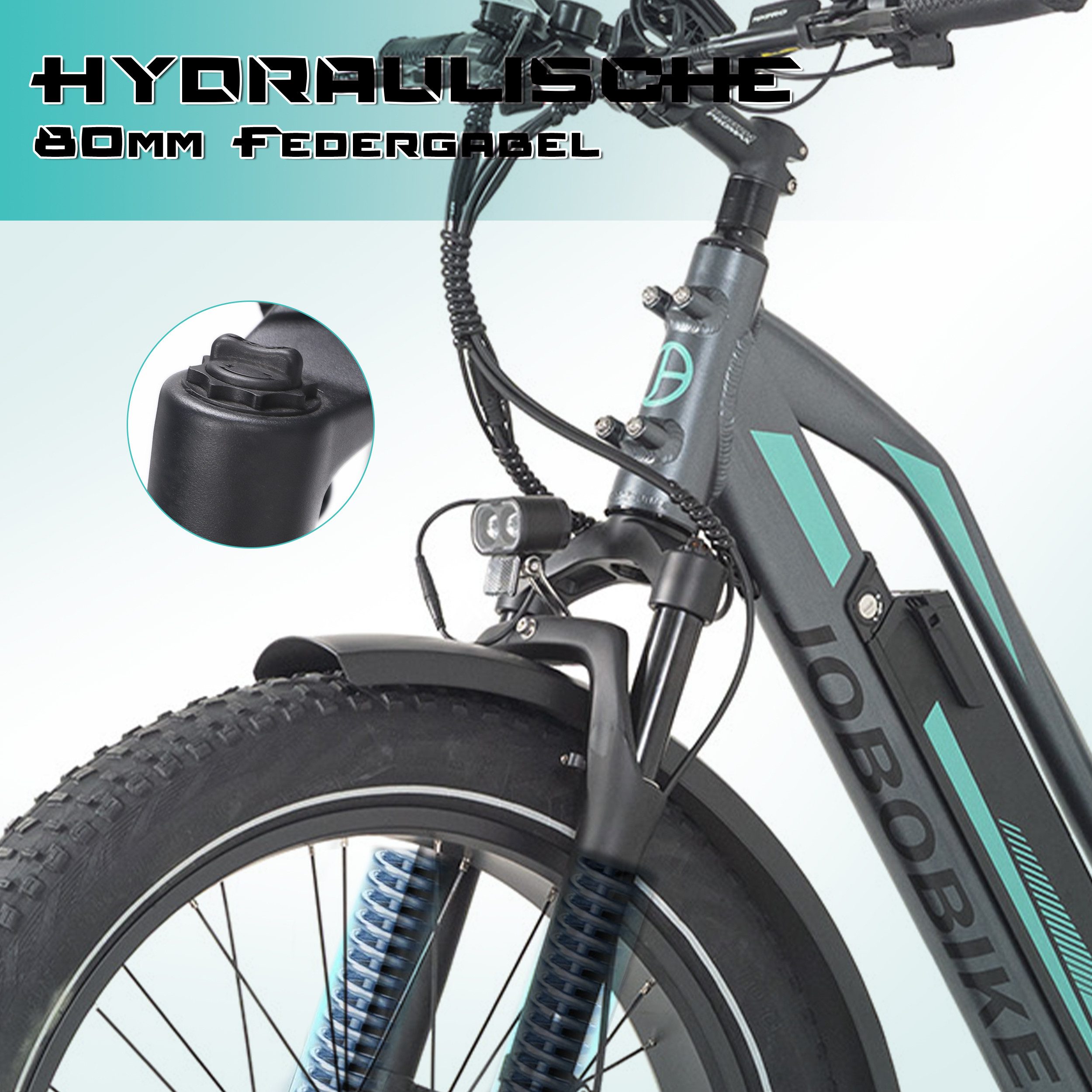 JOBOBIKE E-Bike Mountainbike 26 Zoll, 4'' Fatbike-Reifen mit Pannenschutz, für Outdoor-Abenteuer, 7 Gang Shimano, Kettenschaltung, Heckmotor, 840 Wh, (5 Stufen, LCD-Farbdisplay, Bremslicht- und Blinker), 180km, Gefederte Sattelstütze, MTB, Elektrofahrrad für Damen Herren