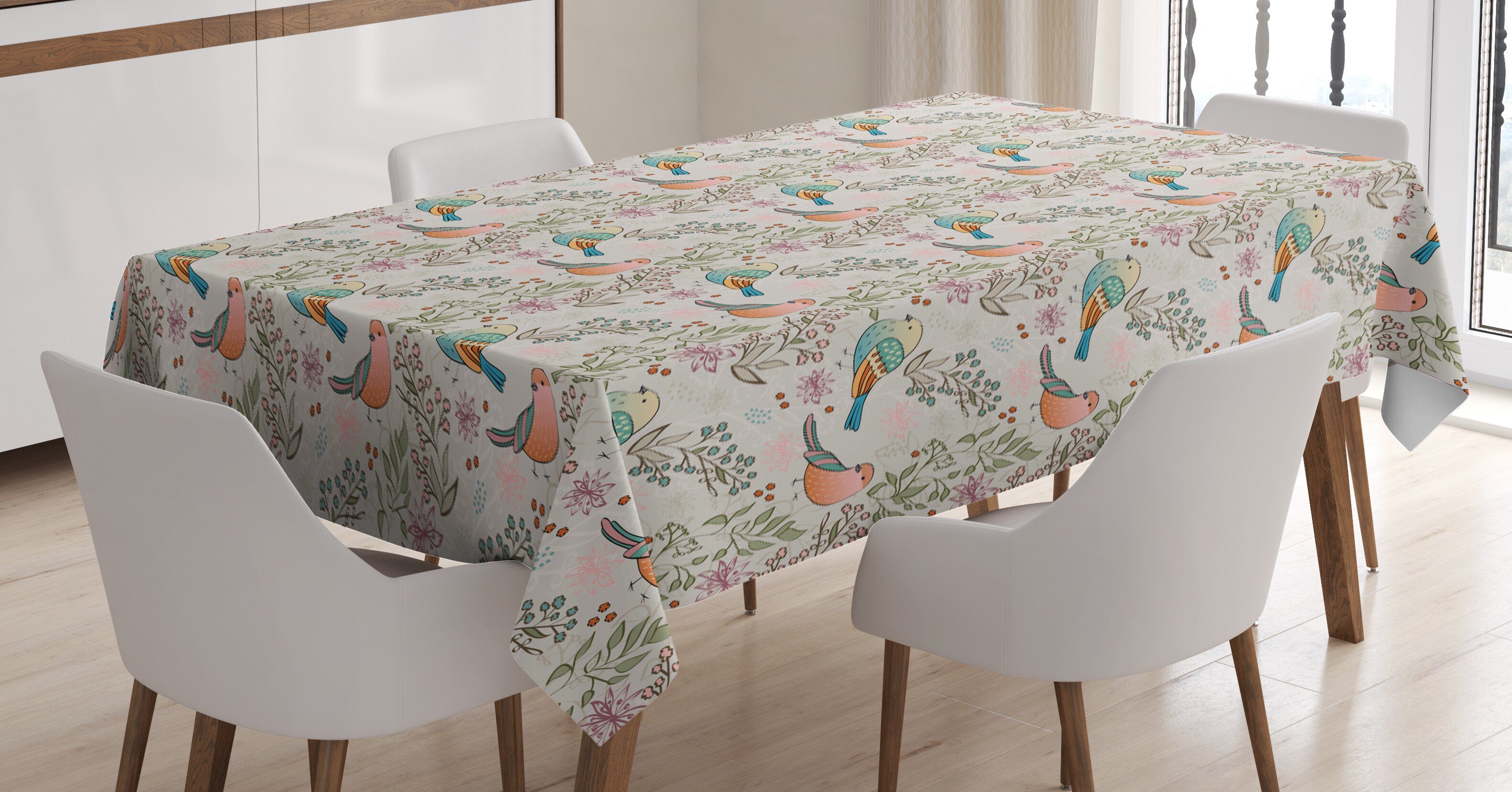 Klare Natur Außen Vögel Abakuhaus Farbfest und Tischdecke Für den geeignet Waschbar Farben, blühende Zweige Bereich