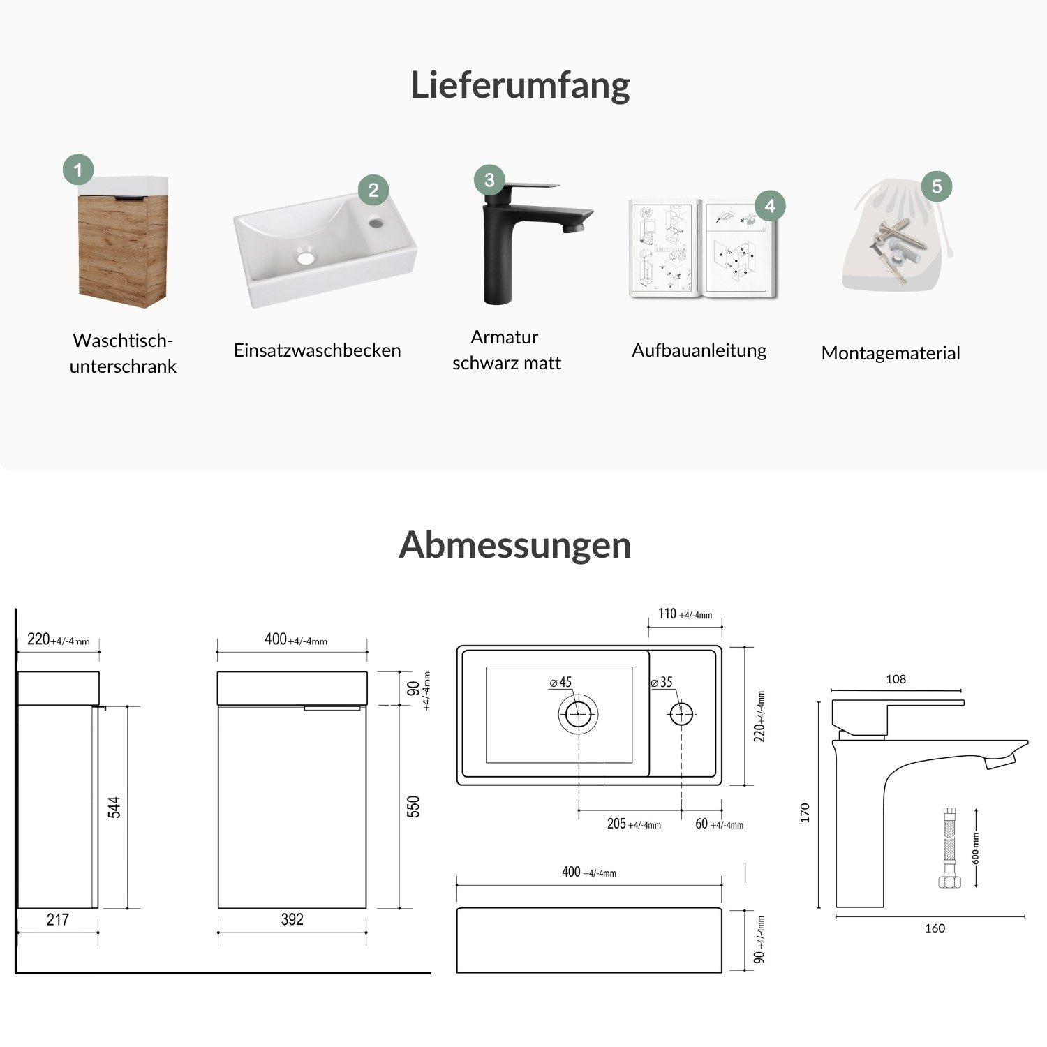 Planetmöbel Waschtisch-Set Unterschrank mit Waschbecken 40cm inkl. Armatur, (inkl. Keramikwaschbecken, 1-St., Badmöbel Set für Gäste Bad & WC), Waschtisch 40cm  – Bild 4 von 5