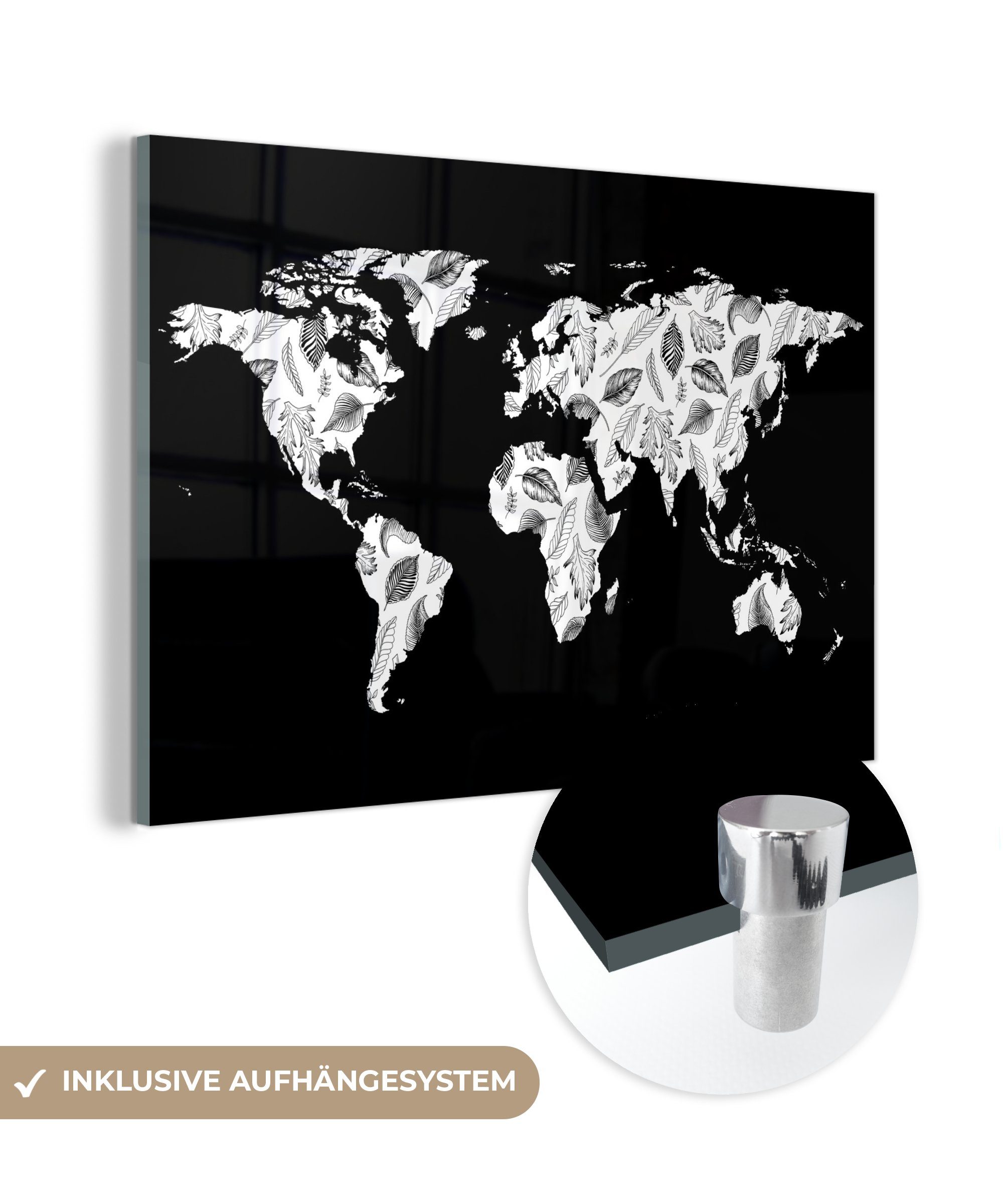 MuchoWow Acrylglasbild Weltkarte - Wanddekoration Bilder - auf (1 - auf Schwarz - Glas - - Weiß, Blätter Glasbilder Wandbild Glas St), Foto