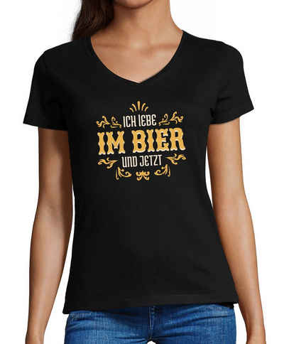 MyDesign24 T-Shirt Damen Oktoberfest T-Shirt - Ich Lebe im Bier und jetzt V-Ausschnitt Print Shirt Slim Fit, i307