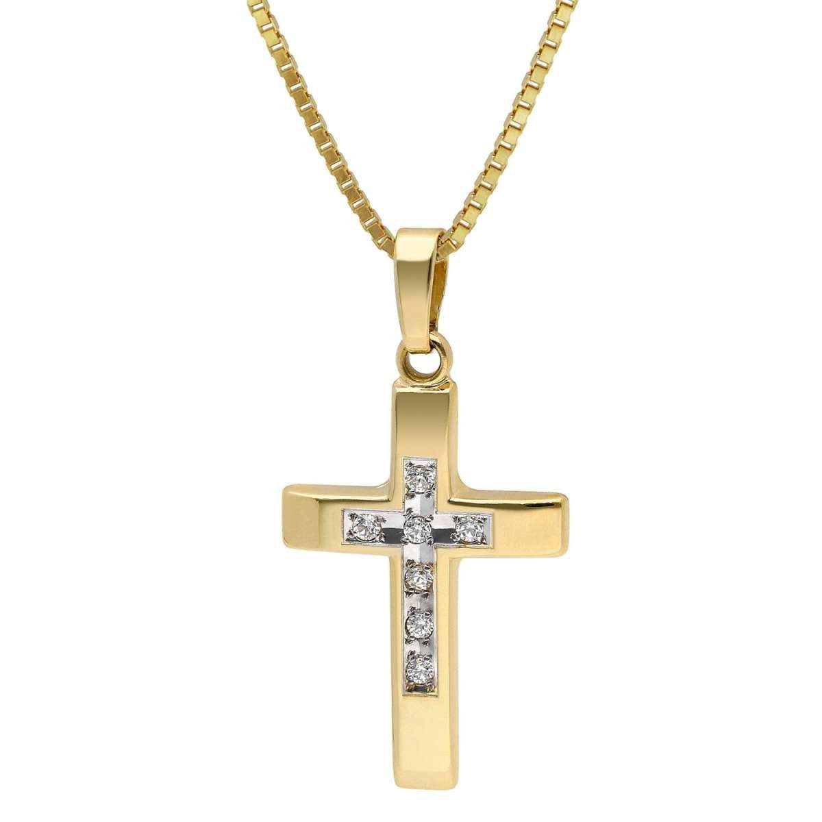 trendor Kreuzkette 15530, Kreuz 585 Gold 14K mit Zirkonia an vergoldeter Silberkette