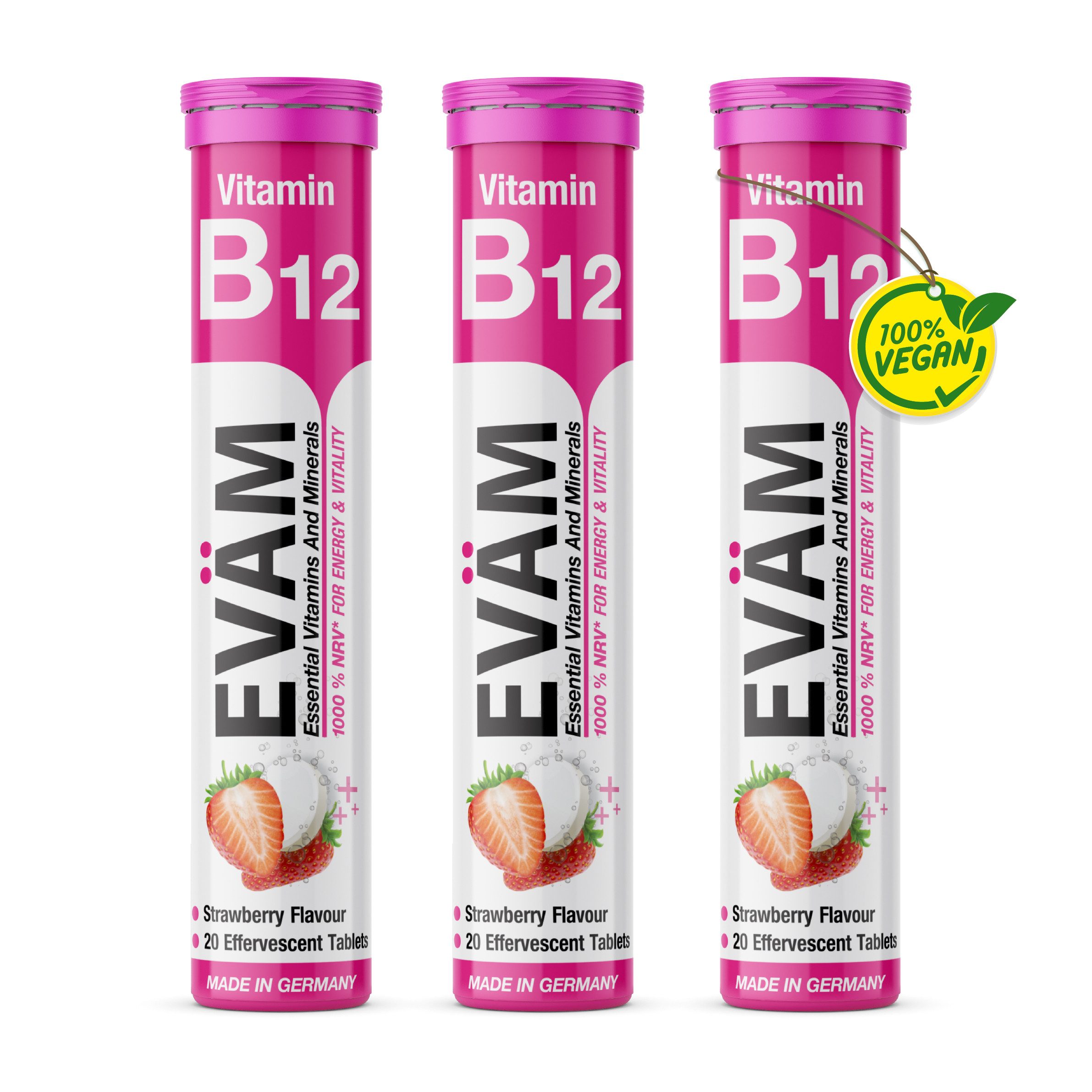 EVÄM VITAMIN B12 hochdosiert 1.000 % NRV, MIT ERDBEERGESCHMACK Brausetabletten, 3 er Röhrchen à 20 St., 246 g, made in Germany