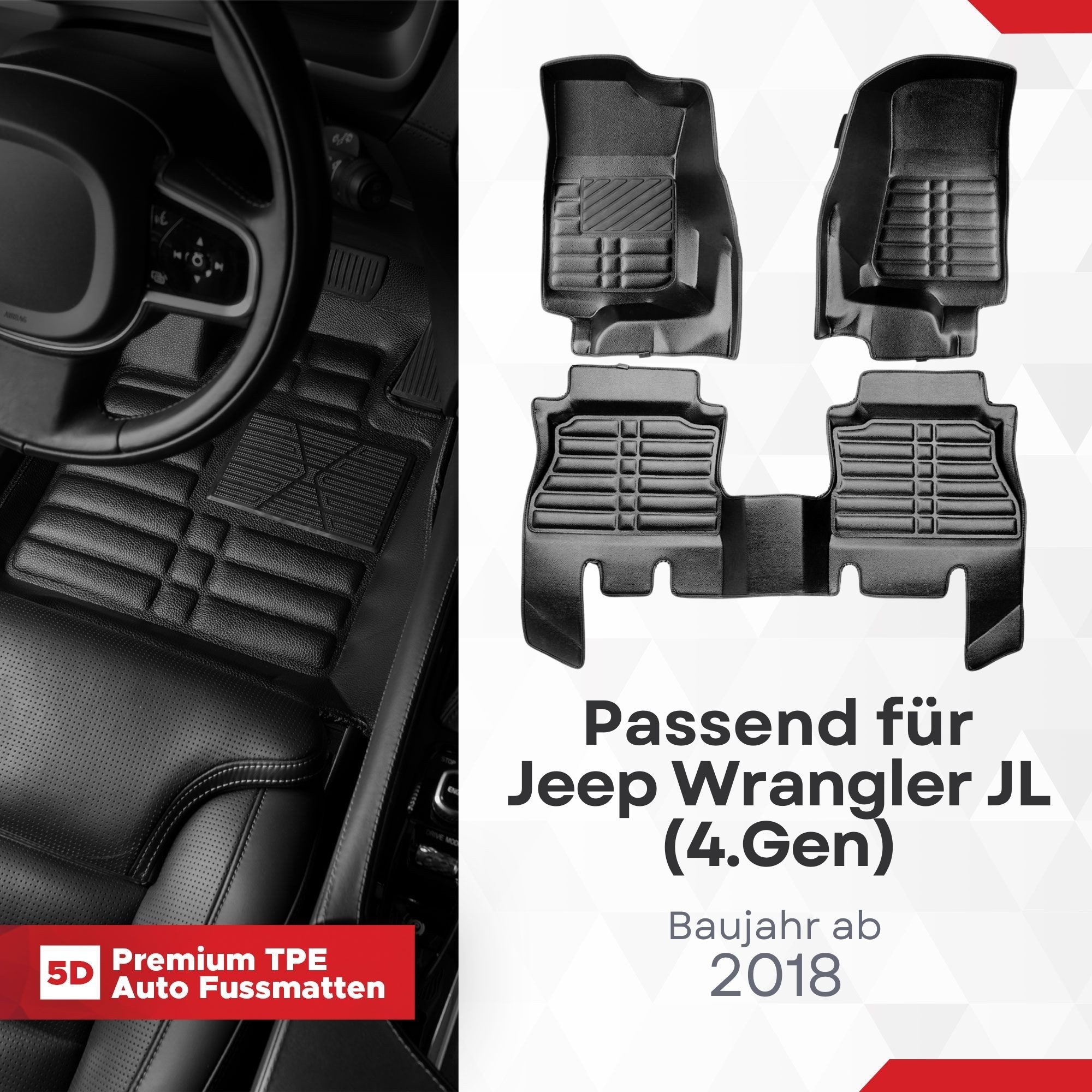fussmattenprofi.com Auto-Fußmatte 5D Premium Auto Fußmatten TPE Set für Jeep Wrangler JL (4.Gen) ab 2018 (1 St), für Jeep Jeep Wrangler JL