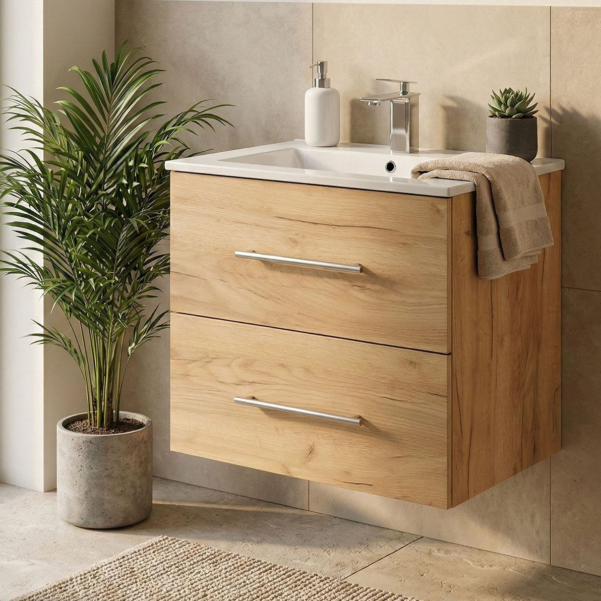 Lomadox Waschtisch HARLINGEN-02, 60cm breit, Keramikwaschbecken, Softclose, in Eiche Gold Nb.