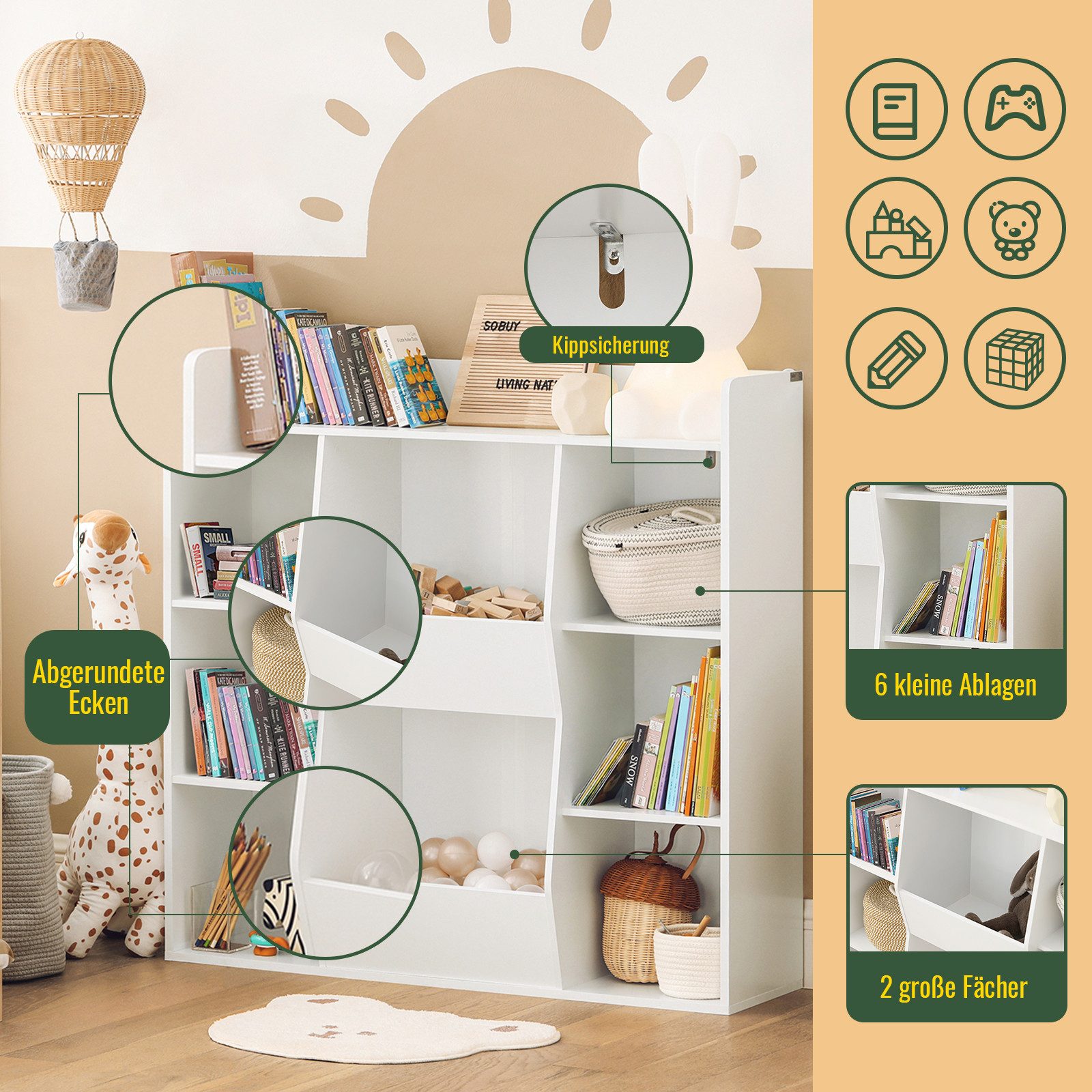 SoBuy Bücherregal KMB55, Montessori Regal Kinderregal Aufbewahrungsregal Spielzeugtruhe, mit Ablagefächern und Fächern, Standregal, Regal Kinderzimmer