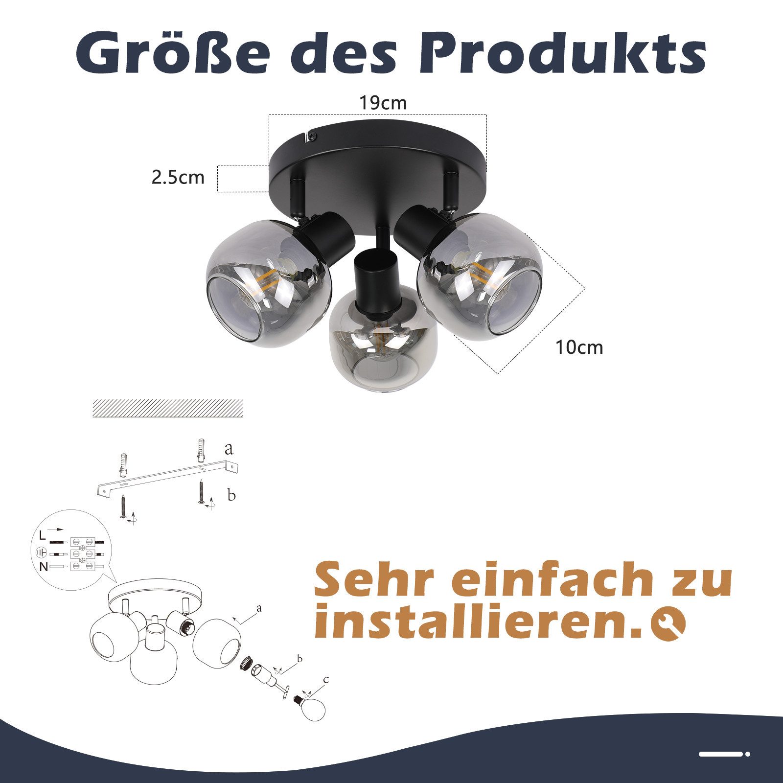 ZMH Deckenstrahler 3 Flammig - Glas Modern Rund Deckenspots 350° Schwenkbar Wohnzimmer, Einfache Installation, ohne Leuchtmittel, E14 Strahler küchenlampe für Flur Küche