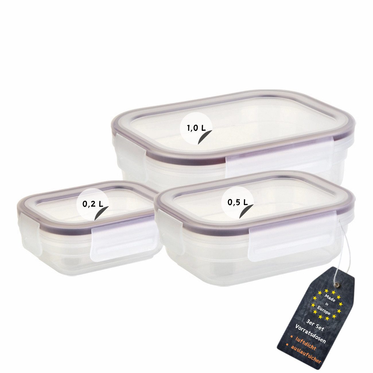 Engelland Frischhaltedose 3er Set Aufbewahrungsdosen mit Deckel, Vorratsdose, Frischhaltedose, Kunststoff/Silikon, (Vorteils-Set, 3-tlg., 0,2 L / 0,5 L / 1,0 L), luftdicht, auslaufsicher, stapelbar, BPA-frei, verschiedene Größen